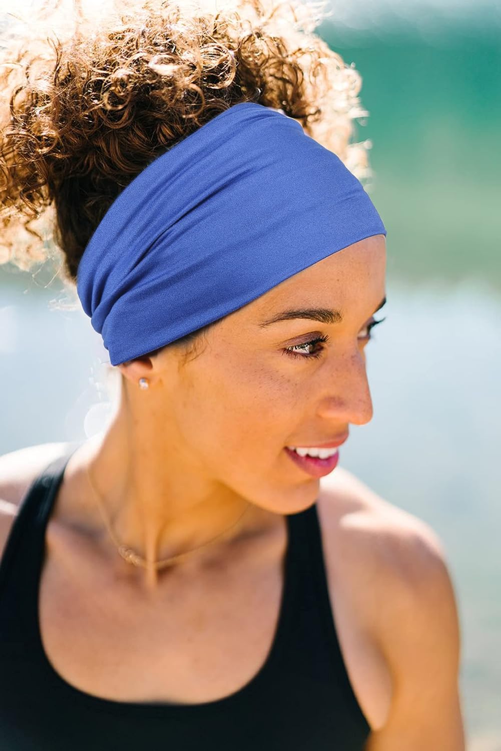  2 Pack Wide Headbands for Women Boho African Knotted Non Slip Fashion Hair Bands Yoga Running Sports Workout Gym Head Wraps Elastic Soft Cotton Cloth Turbans Bandana for Girls(Black, Blue) thumbnail