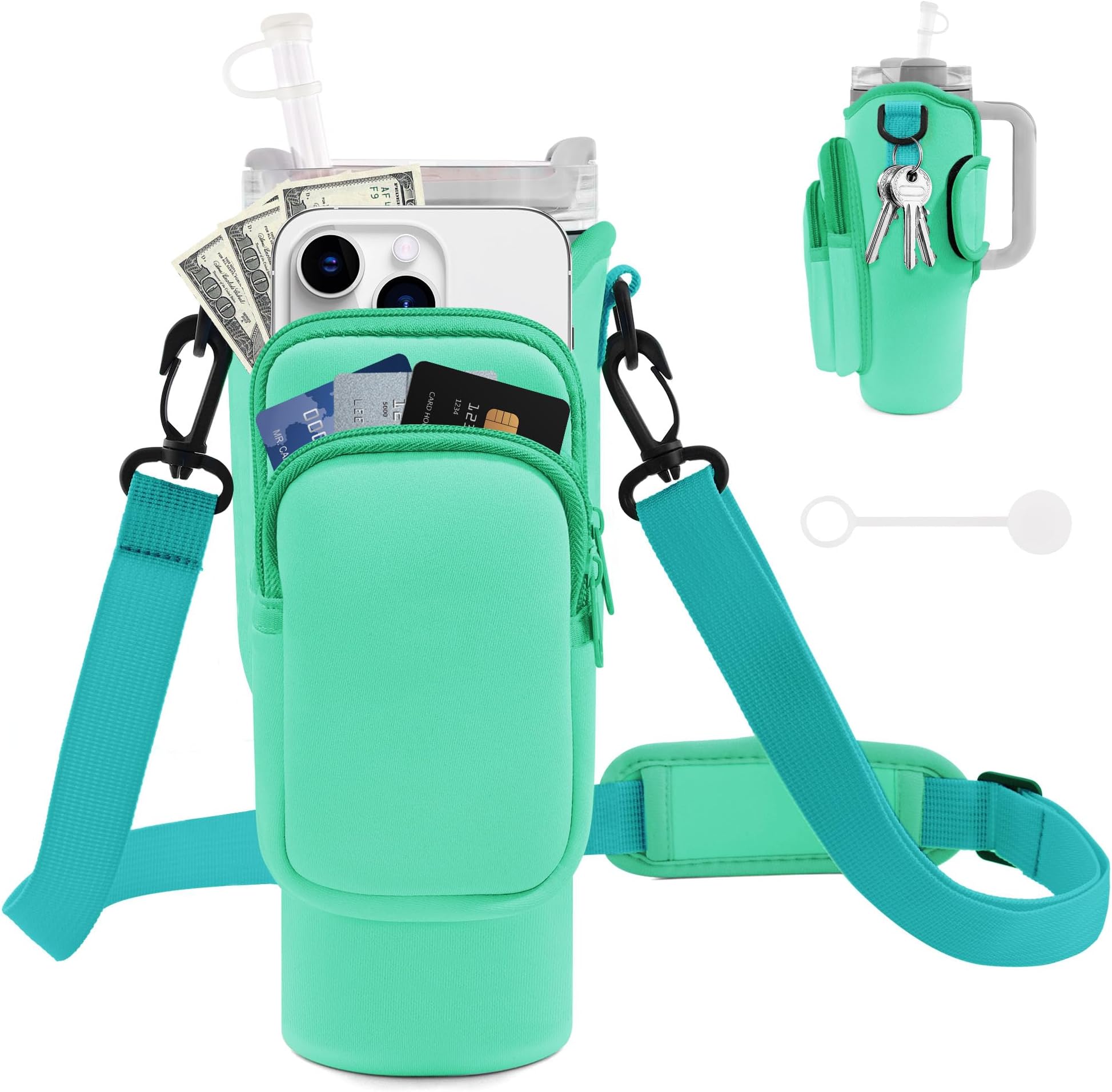 JEBEALUO Water Bottle Carrier Bag with Phone Pocket for Stanley Cup 40/30 oz, Water Bottle Holder with Adjustable Strap& Straw Cover, Stanley Cup Accessories
