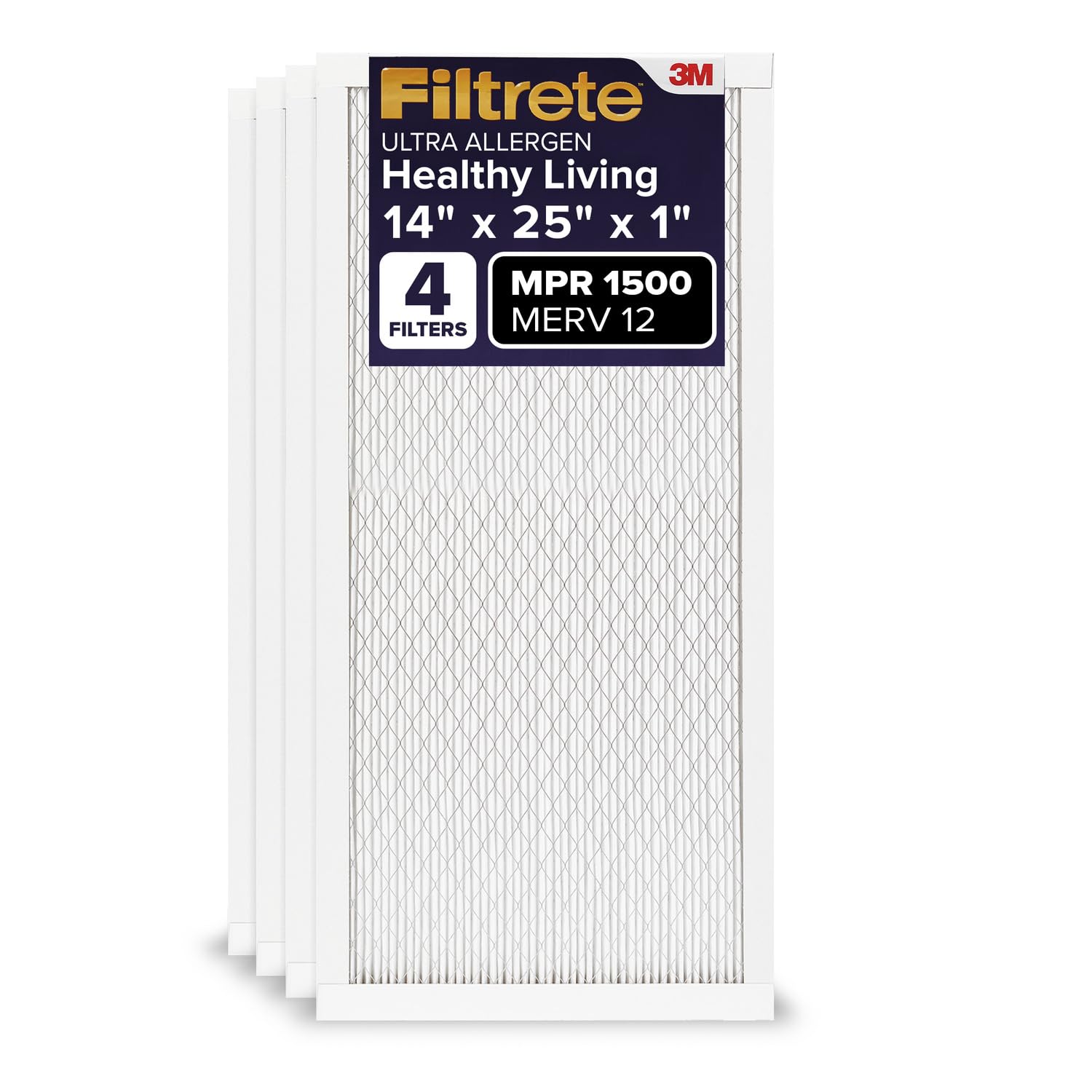 Filtrete 14x25x1 AC Furnace Air Filter, MERV 12, MPR 1500, CERTIFIED asthma & allergy friendly, 3 Month Pleated 1-Inch Electrostatic Air Cleaning Filter, 4-Pack (Actual Size 13.81x24.81x0.78 in)