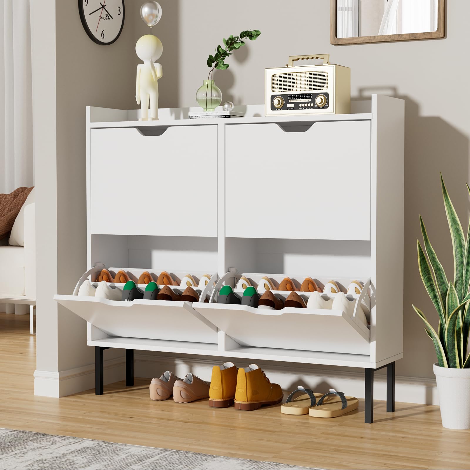 VOWNER Zapatero Entrada Recibidor, Zapatero 4 Puertas, Zapatero Estrecho, 105 x 24 x 96 cm (Largo x Ancho x Alto), Zapatero Madera, con Patas de Acero, para Entrada Estrecha, Pasillo (Blanco)