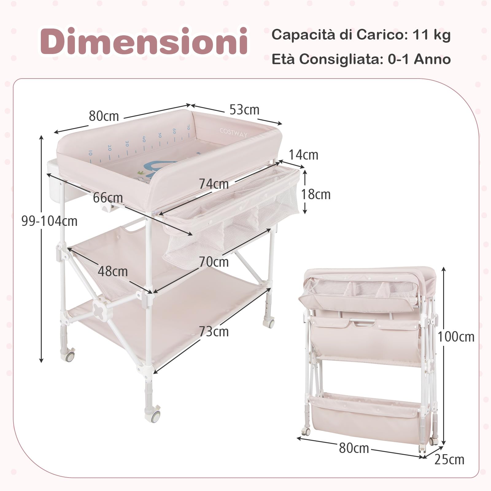COSTWAY Fasciatoio Pieghevole Neonato, Fasciatoio Portatile con Altezza Regolabile, Comodino per Pannolini con Ruote di Bloccabili, 2 Ripiani, Porta Asciugamani, Cestino di Rifiuti (Beige)