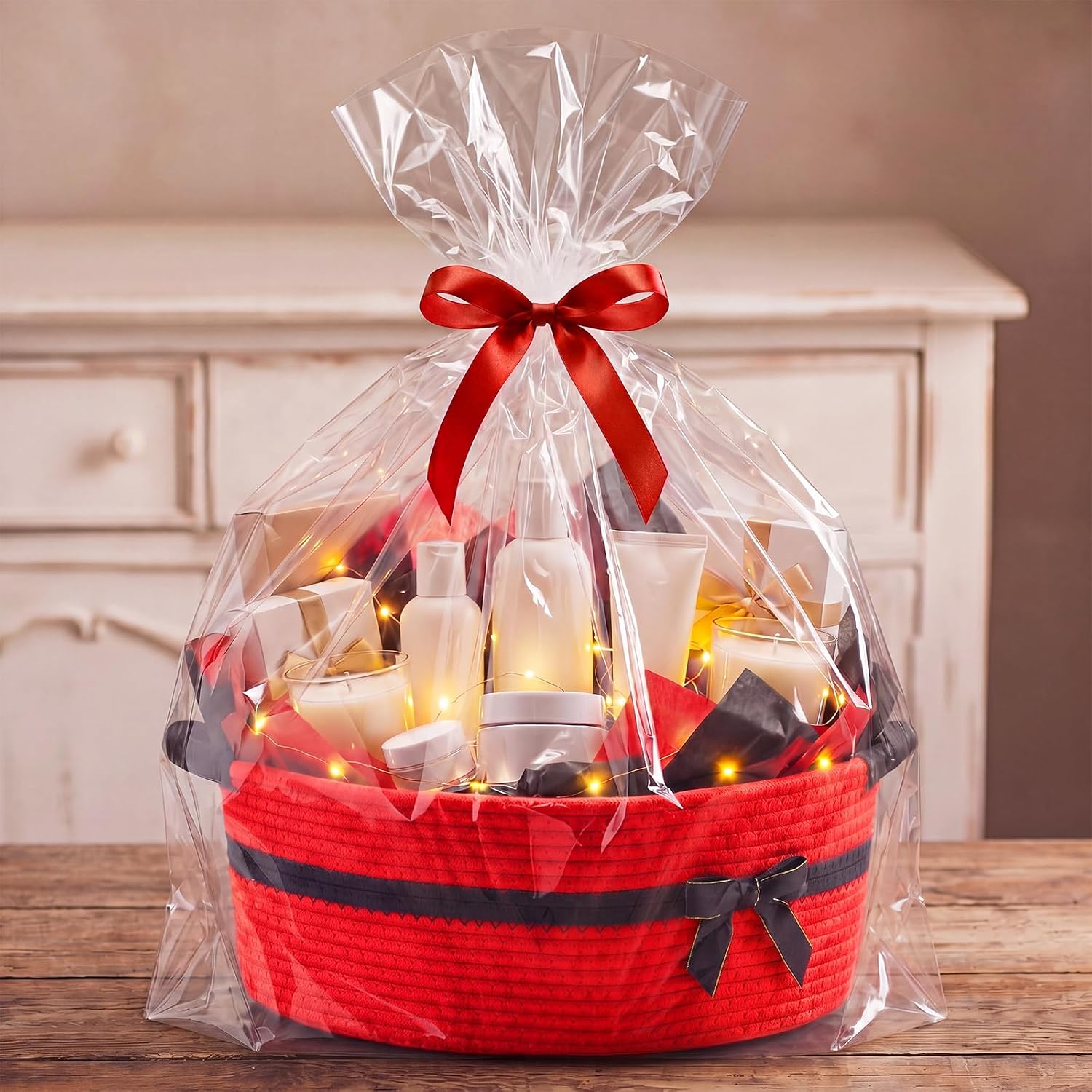 Colingmill Large Led Light Woven Gift Basket with Handles, Thank You Card, 14.5" x 11" x 6.3" Storage Bow Basket Empty for Wedding Baby Showers Pet Toy Bin(Red)