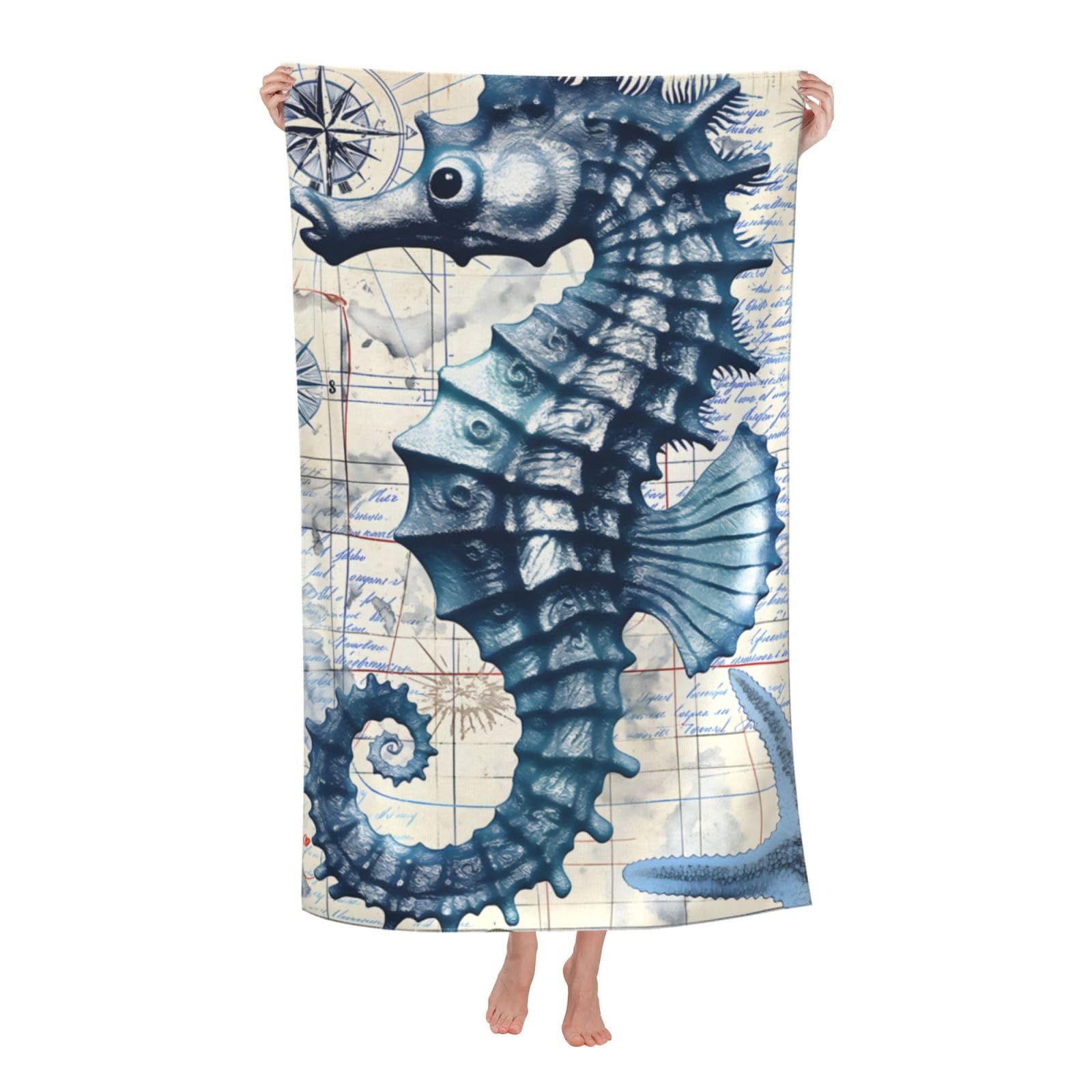 HLBSDM Seahorse Nautical Beach Towel 31inx51in Ocean Map Sand Free Microfiber Bath Towel Ultra Soft Quick Dry Pool Towel Absorbent Towel Lightweight Towel for Swimming Bathroom Decor