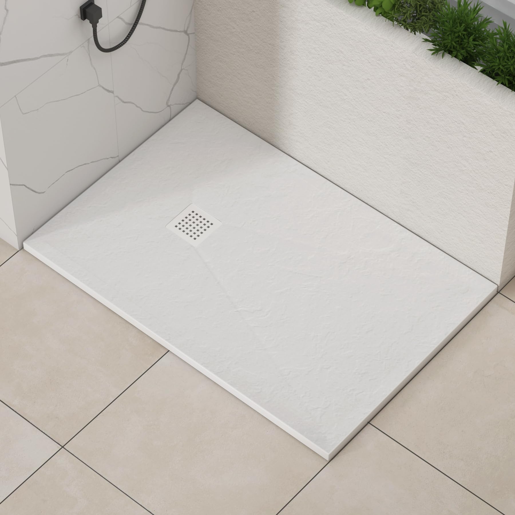 Luxor Rectangular 1000 x 900 x 30mm White Slate Effect Stone Shower Tray Slip-Resistance for Shower Enclosure with White Cover Grate