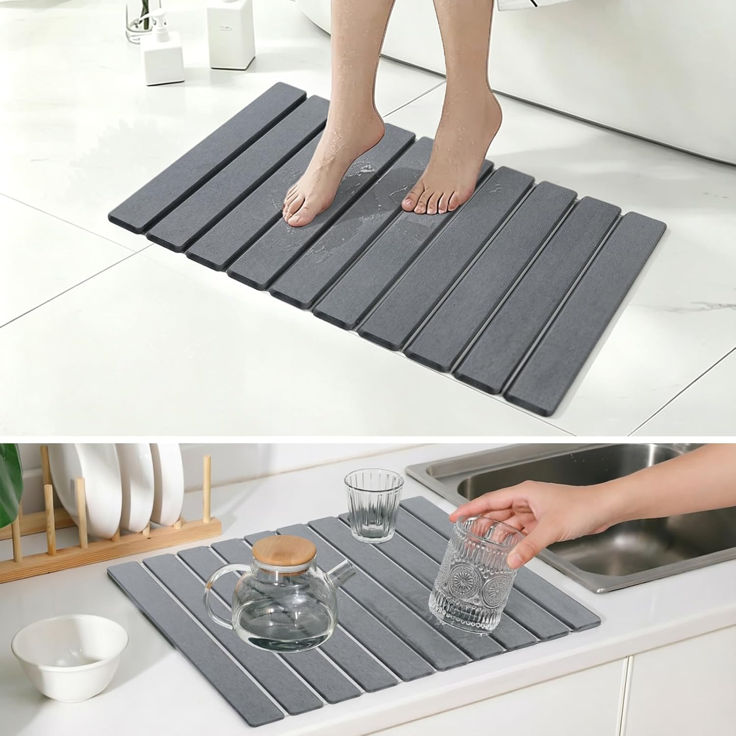 Dish Drying Mat, Stone Drying Mat for Kitchen Counter, Stone Bath Mat, Grey