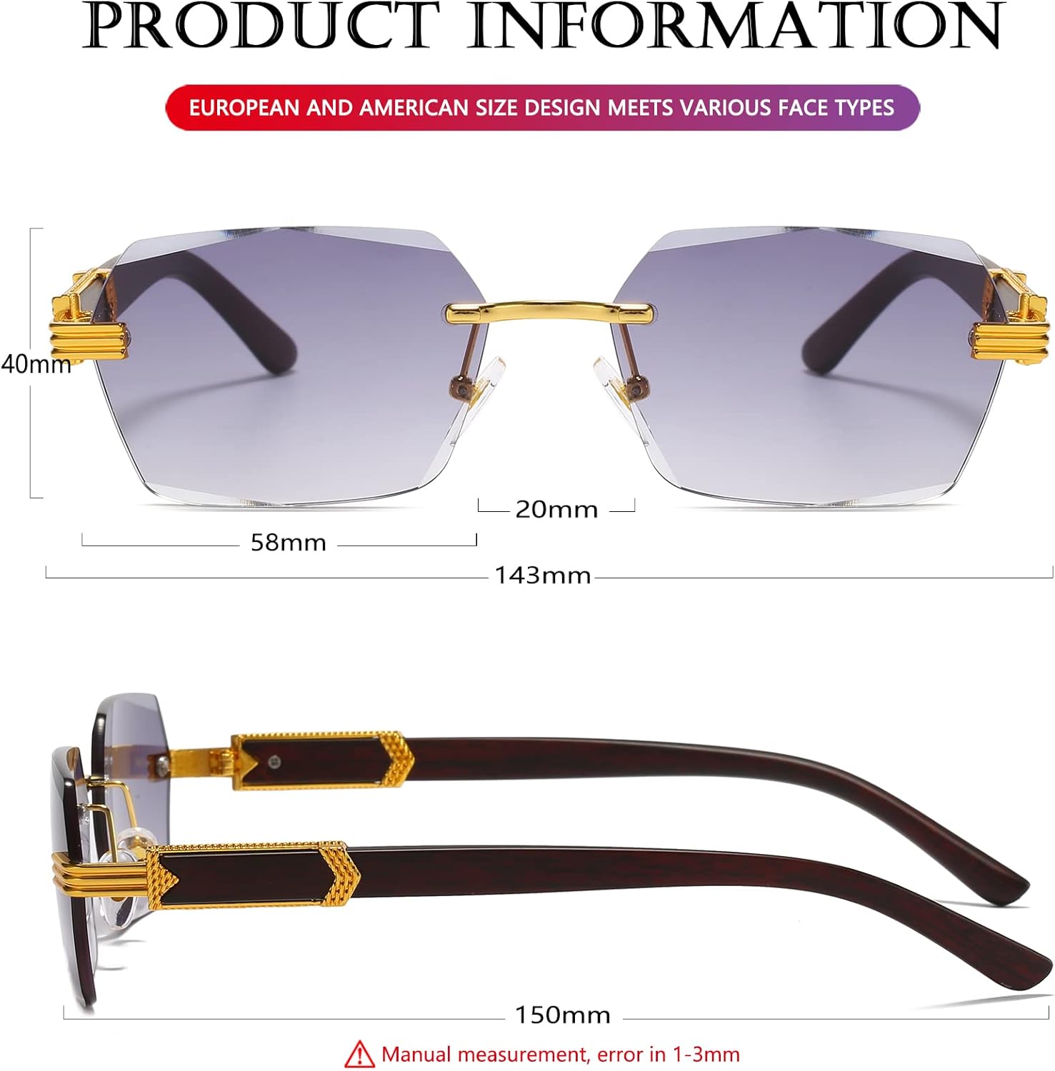 AIEYEZO Retro Rimless Sunglasses Rectangle Unisex Vintage Frameless Sun Glasses Fashion Square Tinted Glasses - Image 6