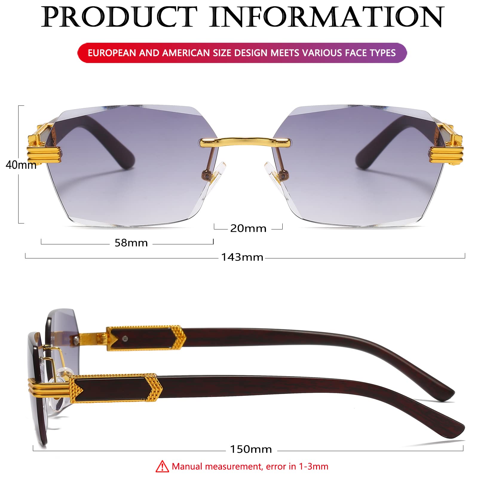 AIEYEZO Retro okulary przeciwsłoneczne bez oprawek prostokątne unisex vintage bezramowe okulary przeciwsłoneczne modne kwadratowe przyciemniane okulary