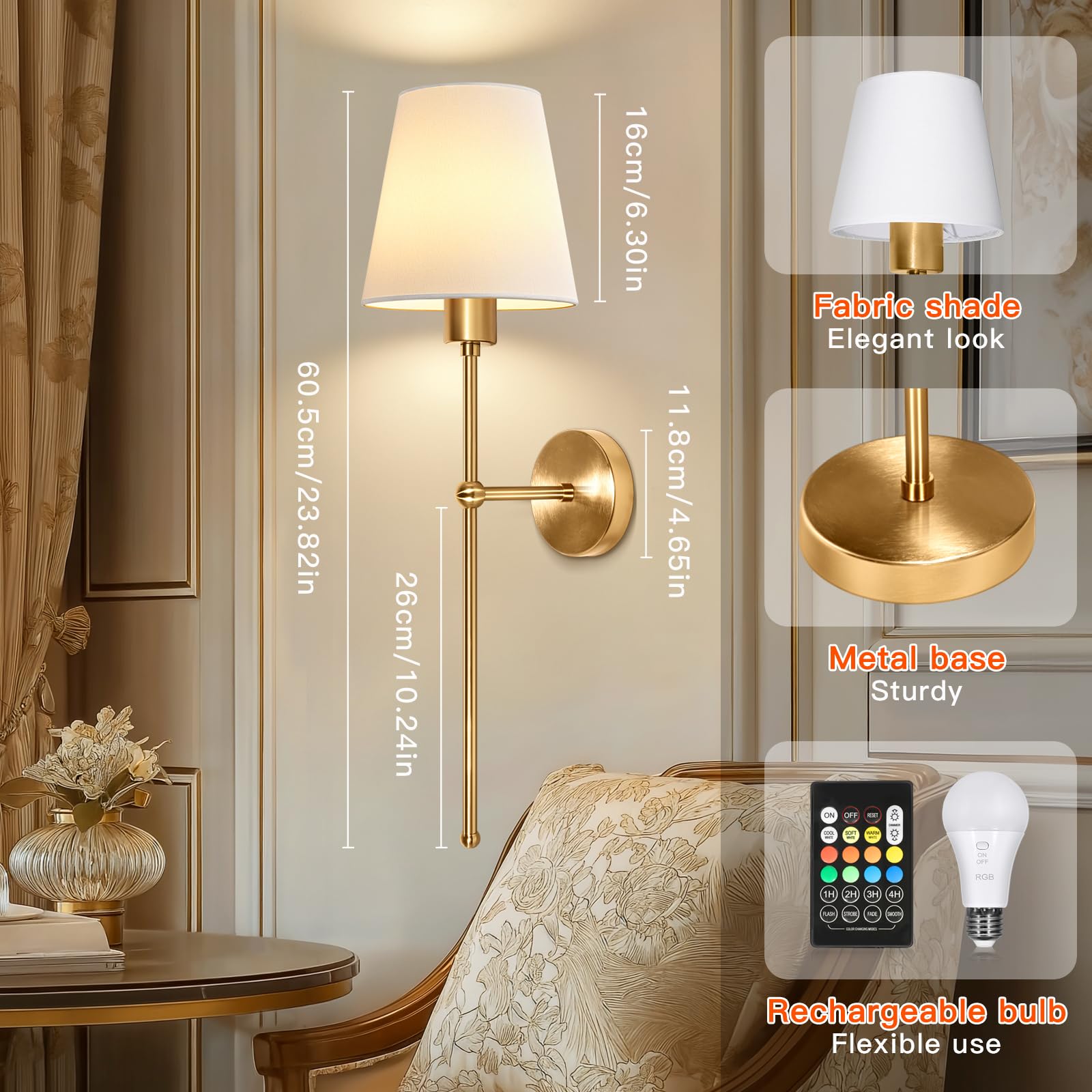 Ketom Lot de 2 Applique Murale Intérieure Rechargeable RGB Dimmable Sans Fil avec Télécommande, Abat-jour en Tissu Blanc Doré