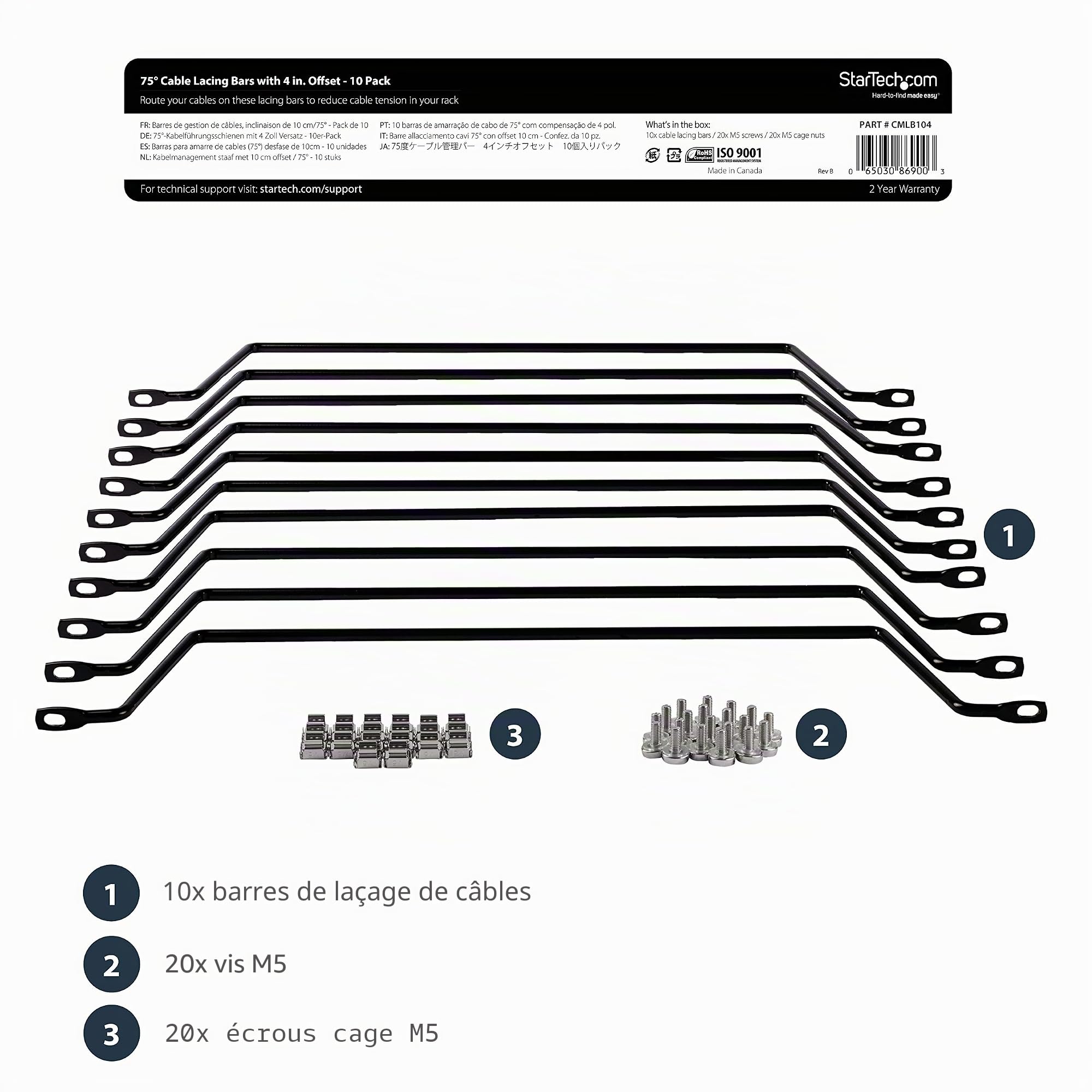 StarTech.com Barre de Gestion de Câbles - Organisateur Horizontale de Câbles pour Datacenters/Rack Informatique/Rack Serveur/Rack Réseau - Barre de Laçage pour Rack - 10 pcs (CMLB104)