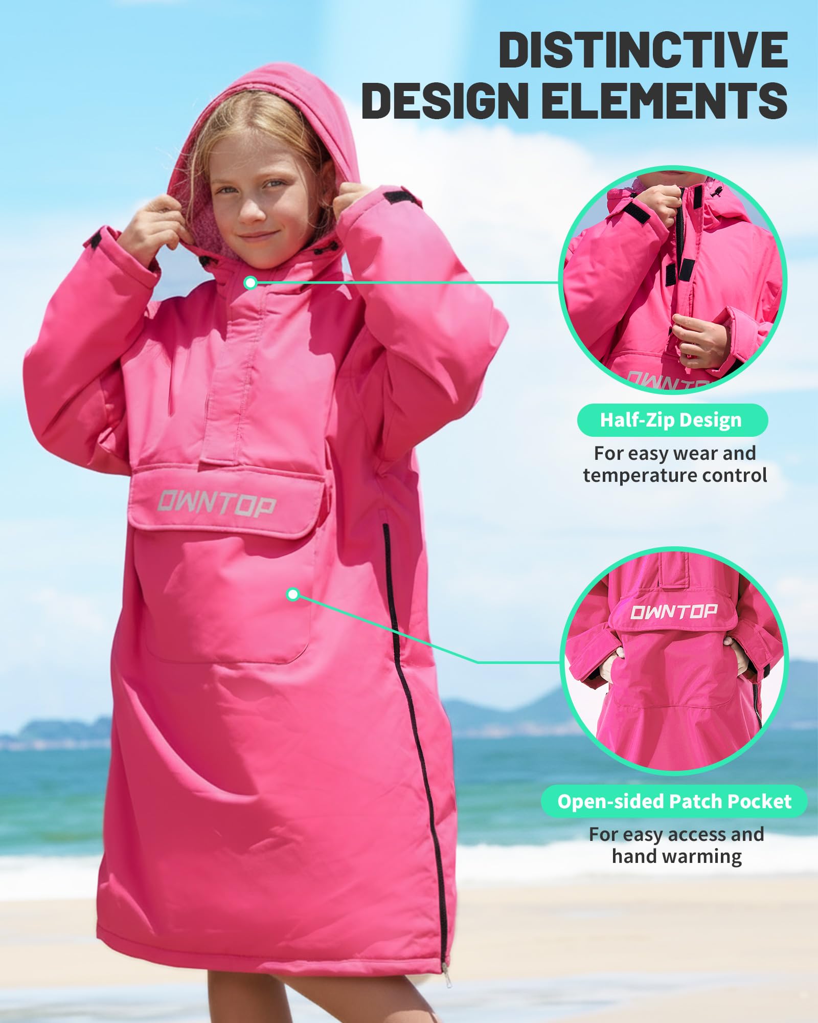 Owntop Wickelmantel für Erwachsene Kinder – Wasserdichter Halbzipfel-Kapuzenmantel mit Sherpa-Fleece-Futter | Winddichte Langarm Trockenmantel | Übergroßer Wärmemantel für Schwimmen Surfen Strand