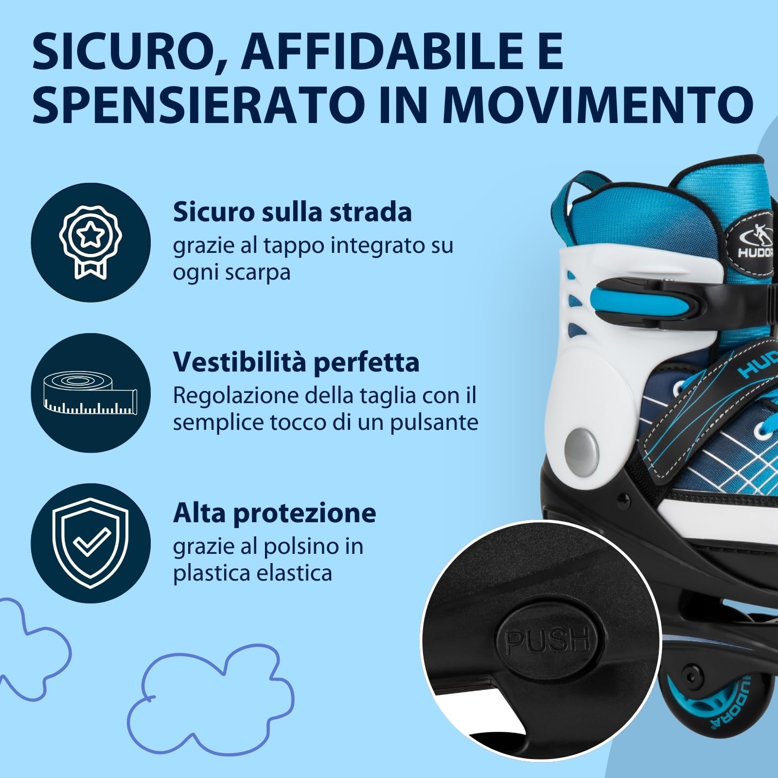 HUDORA Pattini in linea Basic blue/mint - Pattini in linea per bambini e ragazzi in diverse misure - Pattini a rotelle regolabili su 4 misure - Ideali per iniziare con un modello di qualità