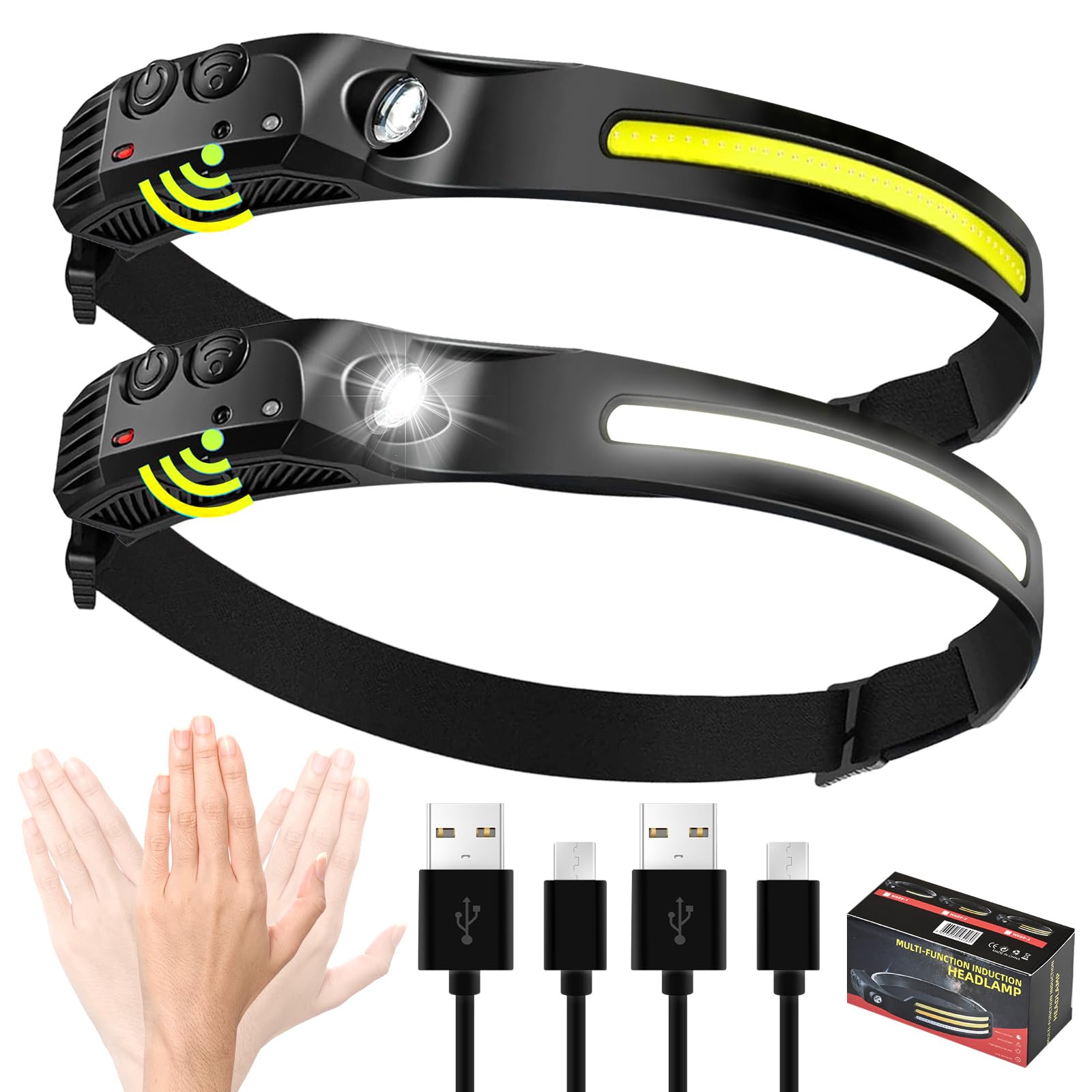 Headlamp Rechargeable 2 Packs 2000mAh Battery Powered Rechargeable Headlamps for Adults Super Bright Motion Sensor Lead Lights for Forehead Type-C USB Charging for Hiking Fishing-image-40