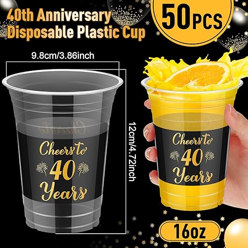 Miniatura 2 de Uiifan 50 tazas de plástico para fiestas de cumpleaños 40 de 16 onzas, taza de oro negro para suministros de fiesta de aniversario, decoración de