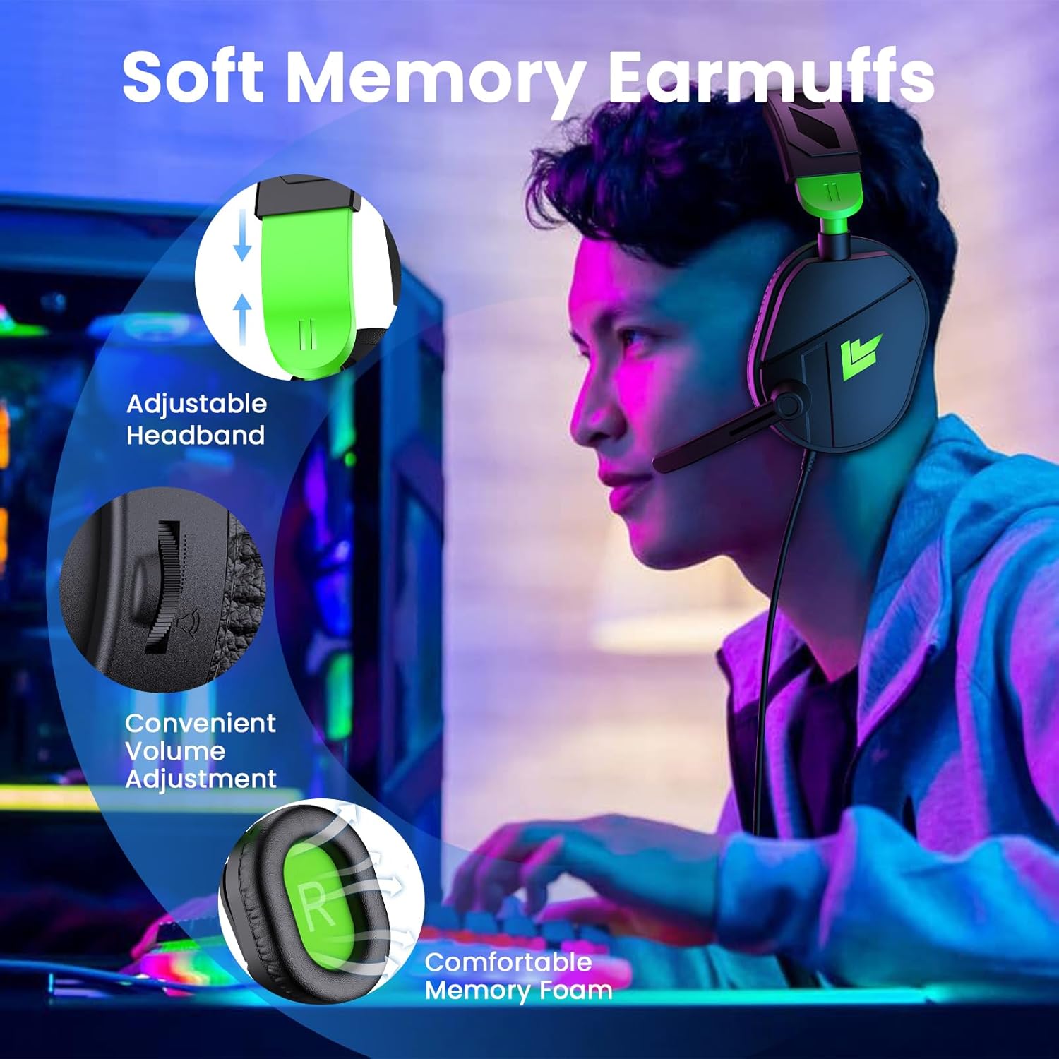 G63 Gaming Headset for PC, Gaming Headphones with Noise Canceling Mic, PS5 PS4 Headsets with Soft Memory Earmuffs, LED Light Stereo Sound, 2m Wired Over Ear Headphones for Xbox One, Mac, Laptop, Green