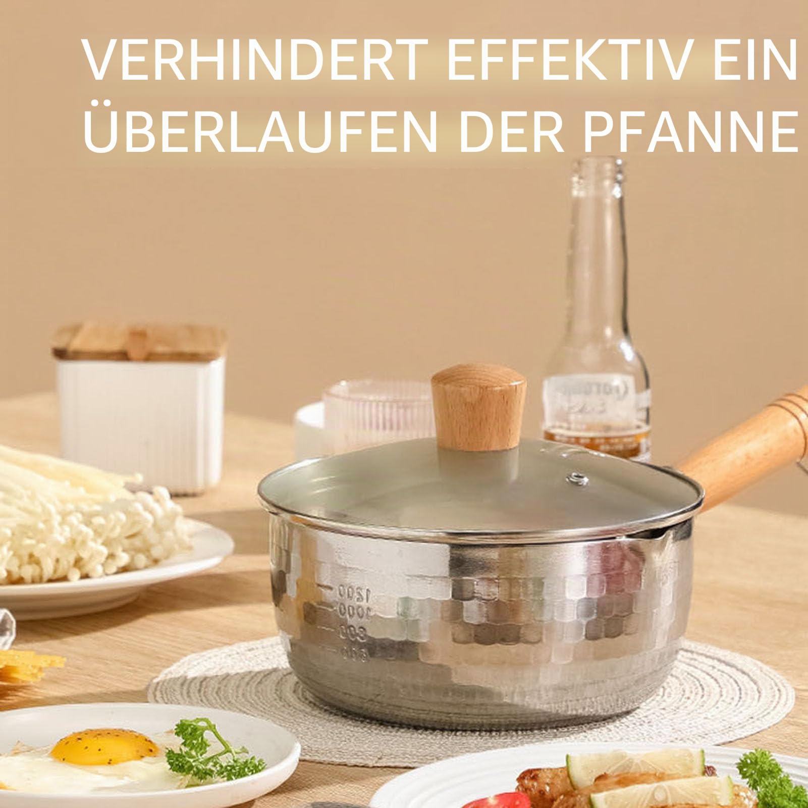 RSBFER Traditioneller japanischer Yukihira-Kochtopf mit Antihaftbeschichtung, Edelstahl-Milchsaucentopf mit Glasdeckel und Dampfgarer für Ramen und Milch,20cm/7.9in