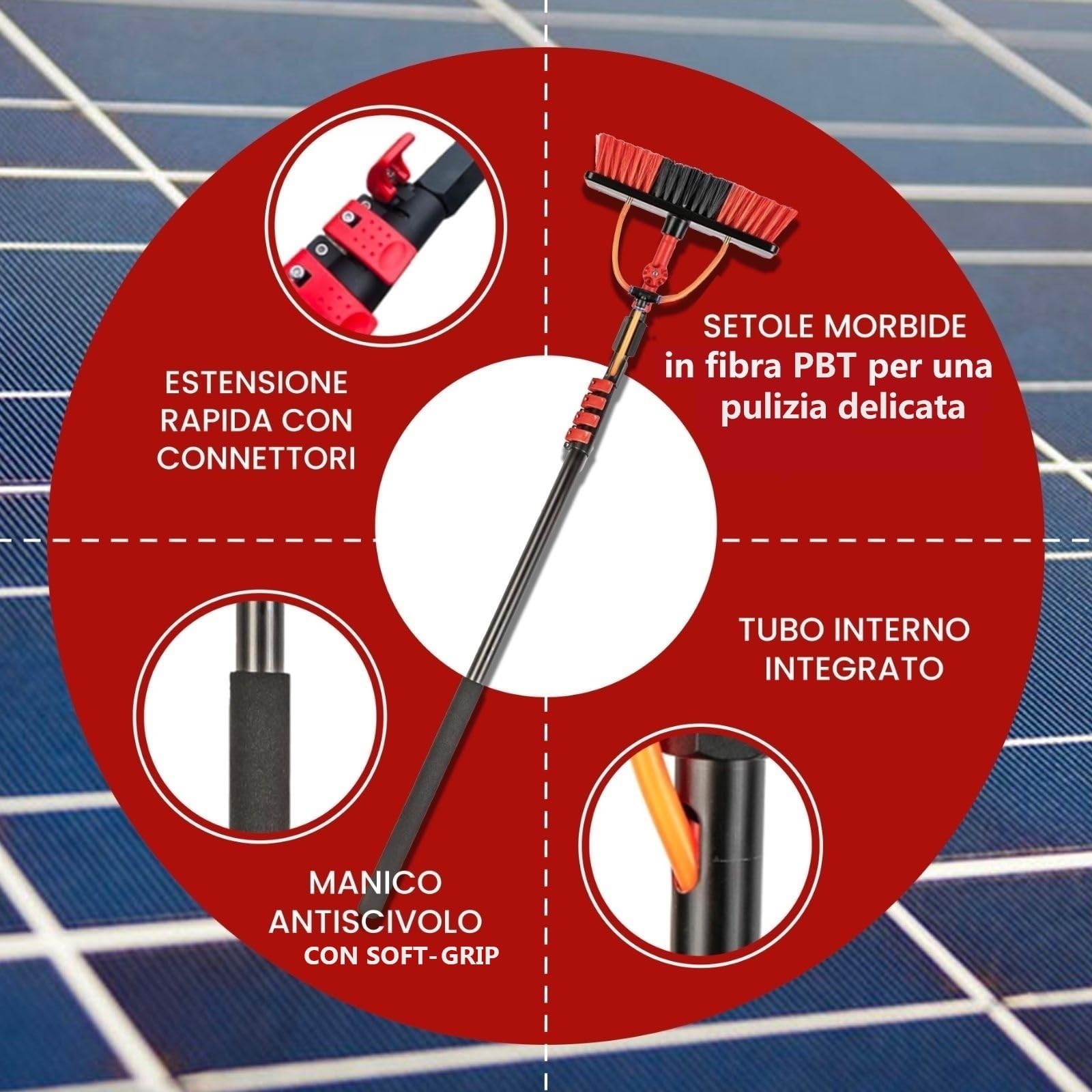 Italia | Kit Pulizia Pannelli Fotovoltaici | Estensibile 7 Metri | Idrospazzola ALINEAR per Lavaggio Tapparelle Vetrate Camper Auto Barca Pannelli Solari | Dispenser di Sapone Integrato