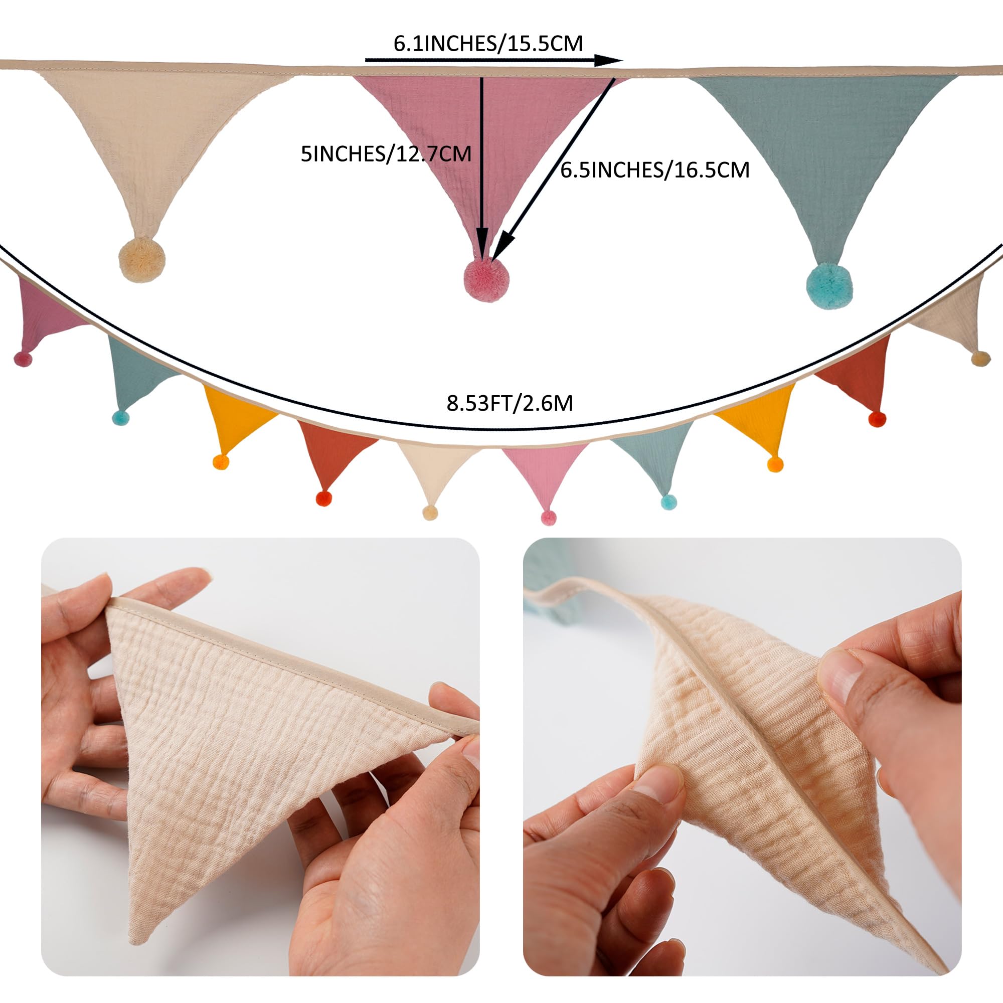 Fabric Bunting Banner, 2 Pack Handmade Neutral String Banner with Felt Ball Each 8.5 ft 10 Flags Nursery Wall Hanging Wedding Birthday Home Baby Shower Party Decoration Bunting (Pink Candy 2 Pack)