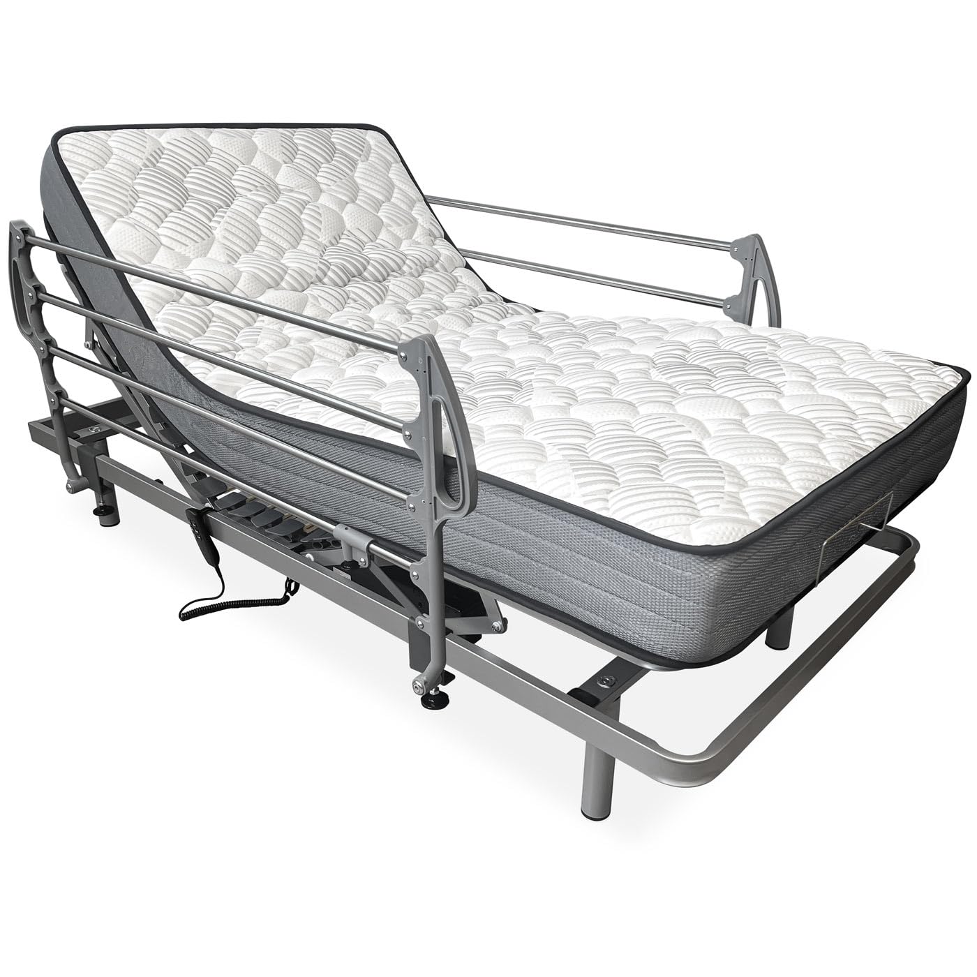 amuéblate online - Ergotop 5 płaskich przegubowych łóżek elektrycznych, wzmocnione, z materacem wiskoelastycznym Dorsaltec + zestaw poręczy INOX, 90 x 190 cm