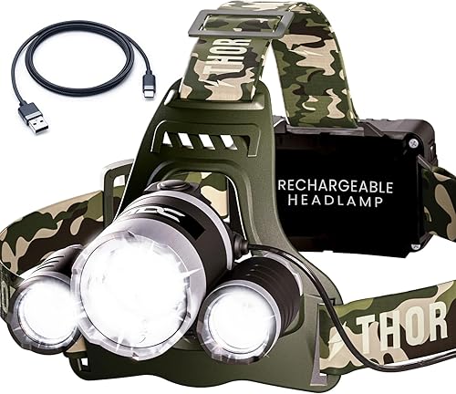 TDC Faro recargable de camuflaje - Faro LED con zoom - Linterna frontal USB - Faros impermeables para adultos - Lámparas de cabeza LED recargables