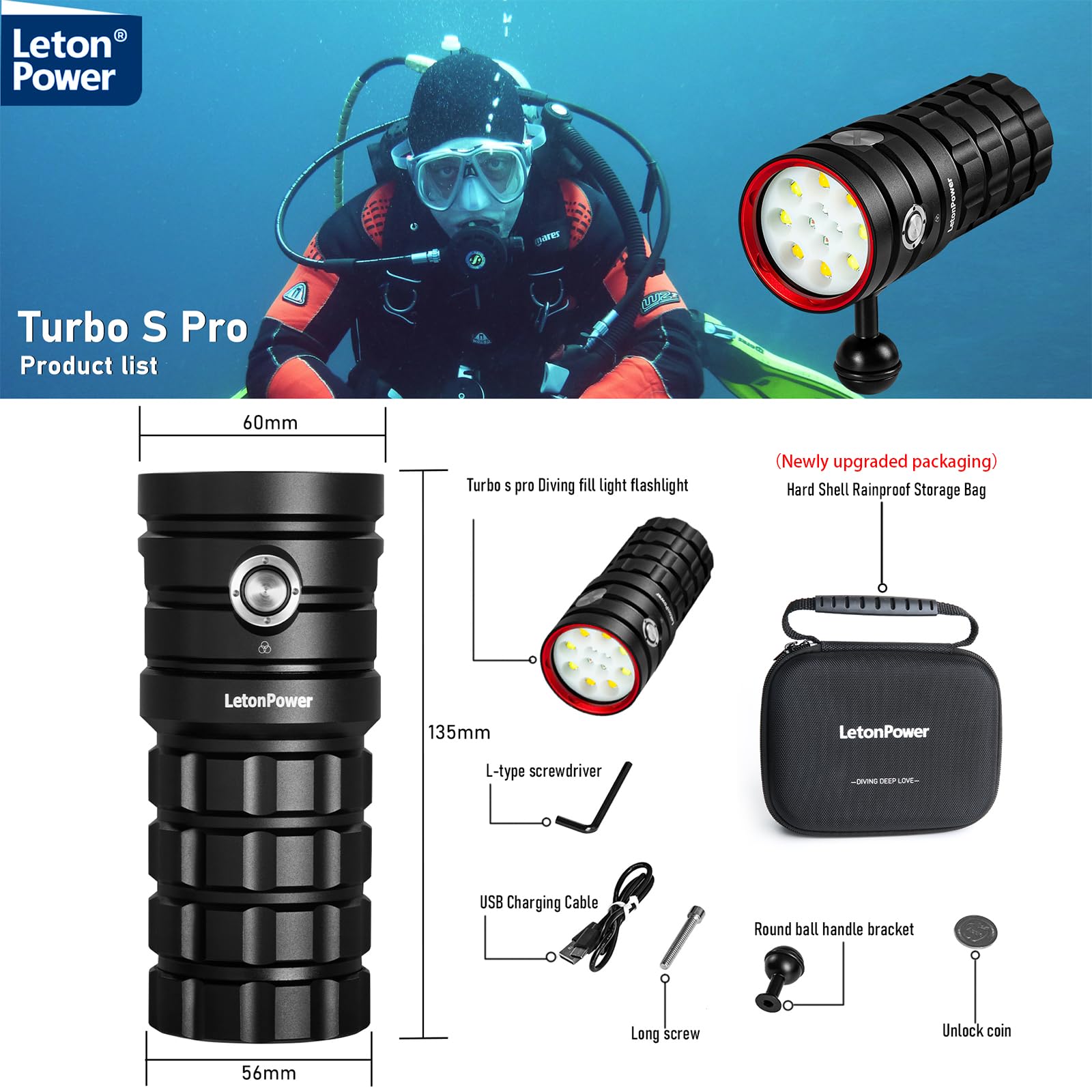 Turbo S Pro Linterna Buceo Video 13000 Lúmenes - 120°, CRI 95, 3000K-6500K, A Prueba de Agua 120m, Recargable USB-C para Foto/Video