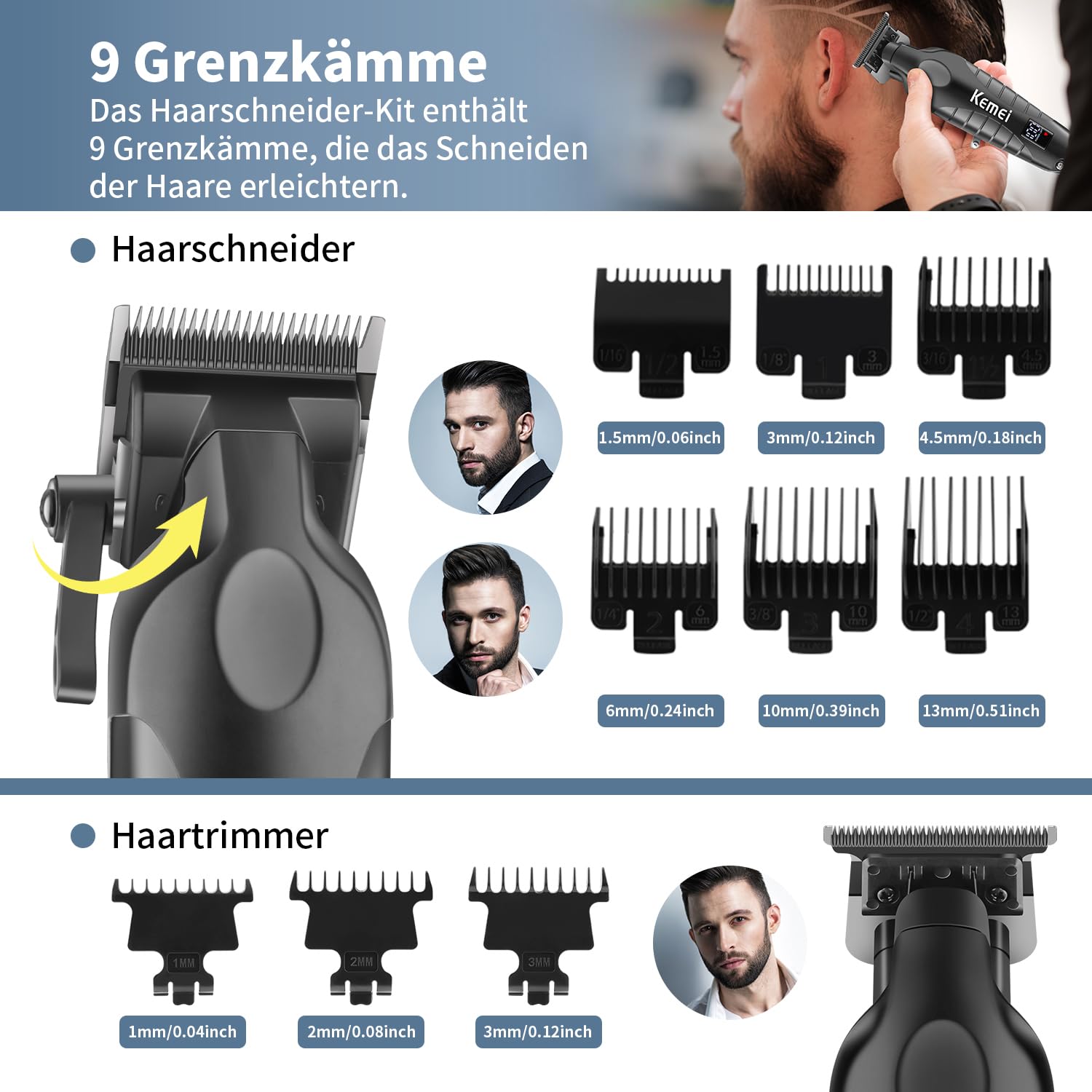 KEMEI Profi Barber Haarschneidemaschine Set für Herren, Kabellos Elektrisch T-Klingen Haarschneider Folienrasierer Kit, USB Wiederaufladbare Friseur Haarschneide Maschine Set mit 9 Führungskämmen