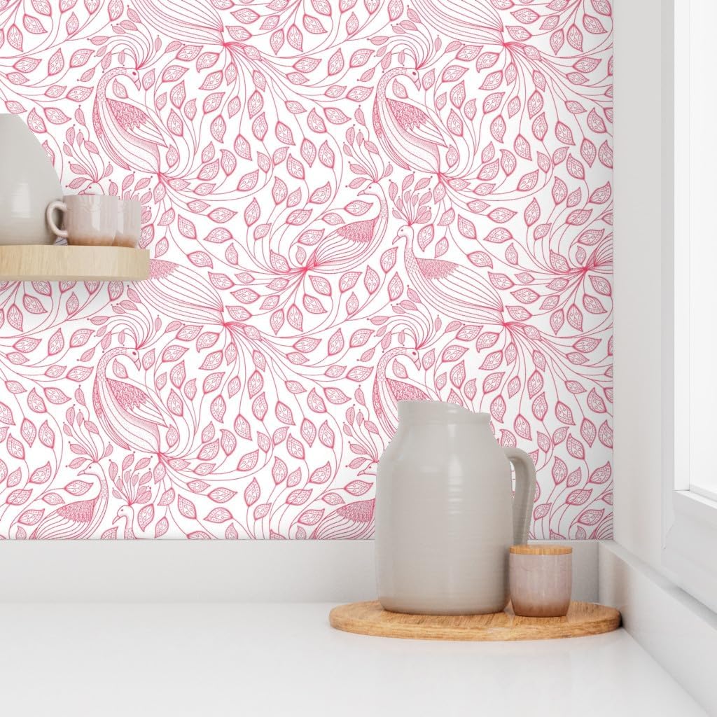 Peel & Stick Wallpaper 3ft x 2ft - Toile Peacock Red Birds Feathers Feminine Romantic Peacocks Custom Removable Wallpaper by Spoonflower