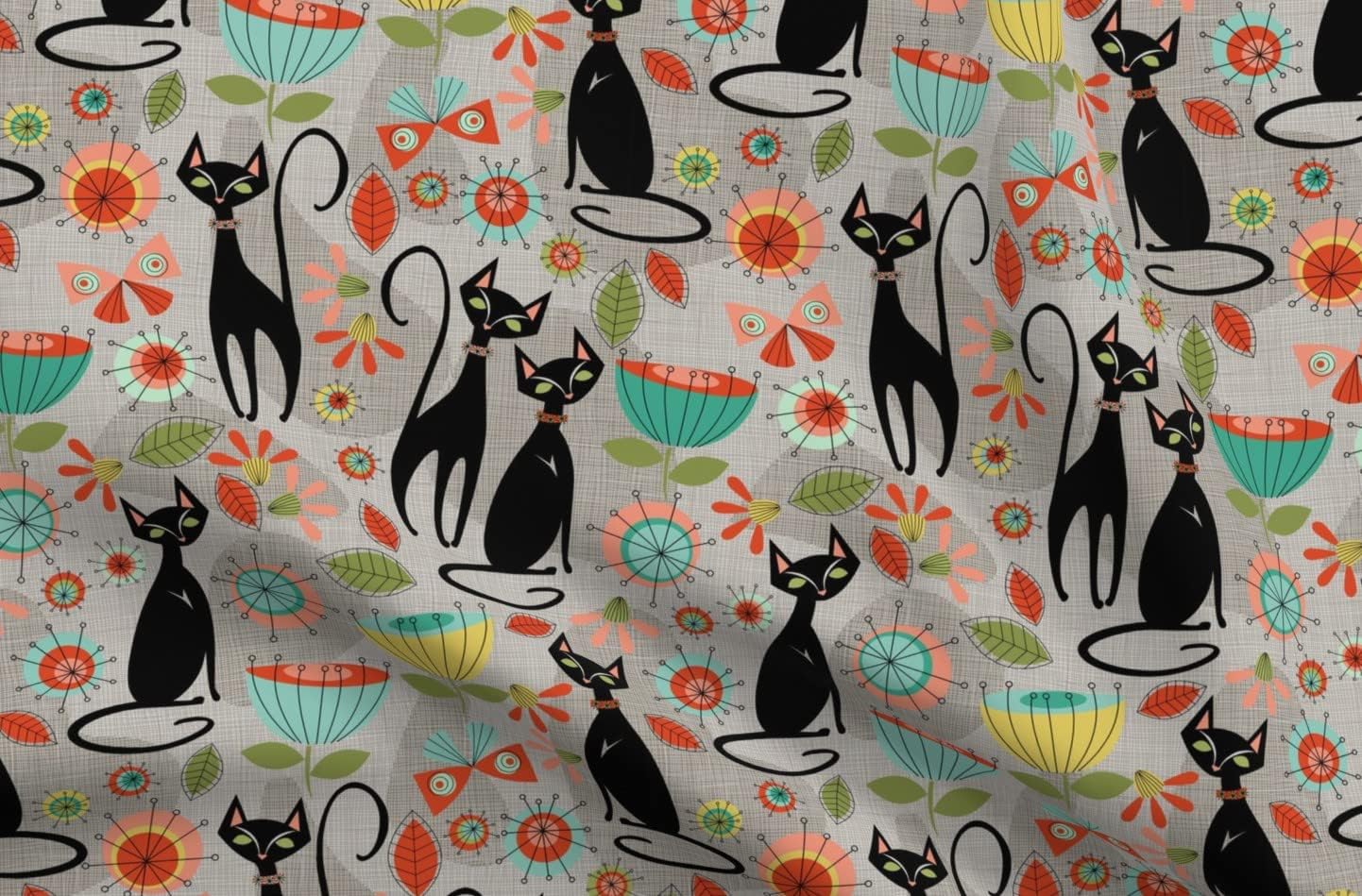 Spoonflower Fabric - 50'S Retro Cats Grey Vintage Feline Kitsch Black Cat Printed on Minky Fabric by The Yard - Sewing Baby Blankets Quilt Backing Plush
