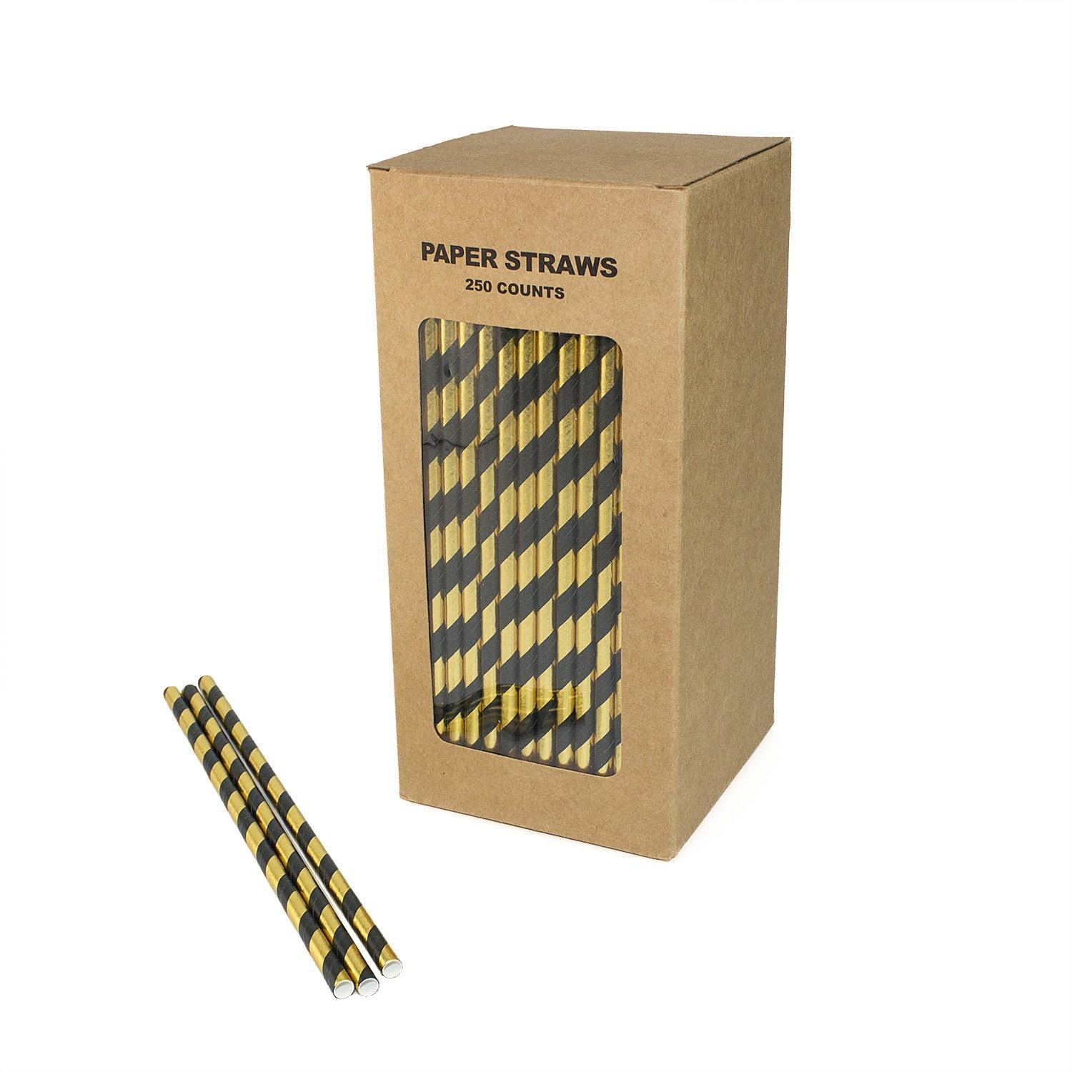 We Can Source It Ltd - Black & Gold Striped Paper Straws - Biodegradable - for Cocktails, Tumblers - Drinking, Birthday Party, Christmas Party Straws - 8inch/200mm - 250pc