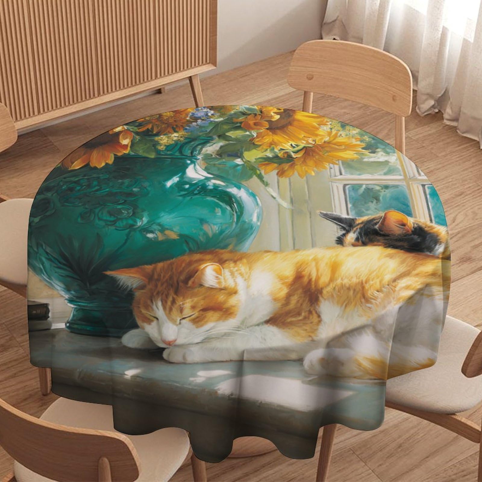 LUYYSKY Classic Oil Painting Cute Kittens Waterproof Round Tablecloth Modern Painting Art Spring Plants Sunflowers Animal Kittens Print Washable Table Cover for Kitchen-127 Wx127 L cm
