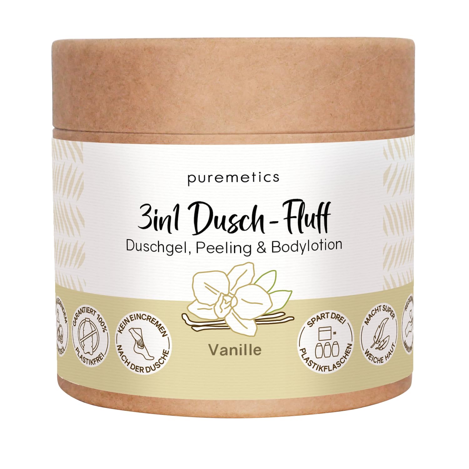 puremetics 3in1 Dusch-Fluff (250g) | Duschgel, Peeling und Lotion in Einem | vegan & plastikfrei | pflegend, hautverfeinernd & glättend | Zucker Meersalz Peeling | Zero Waste (Vanille)