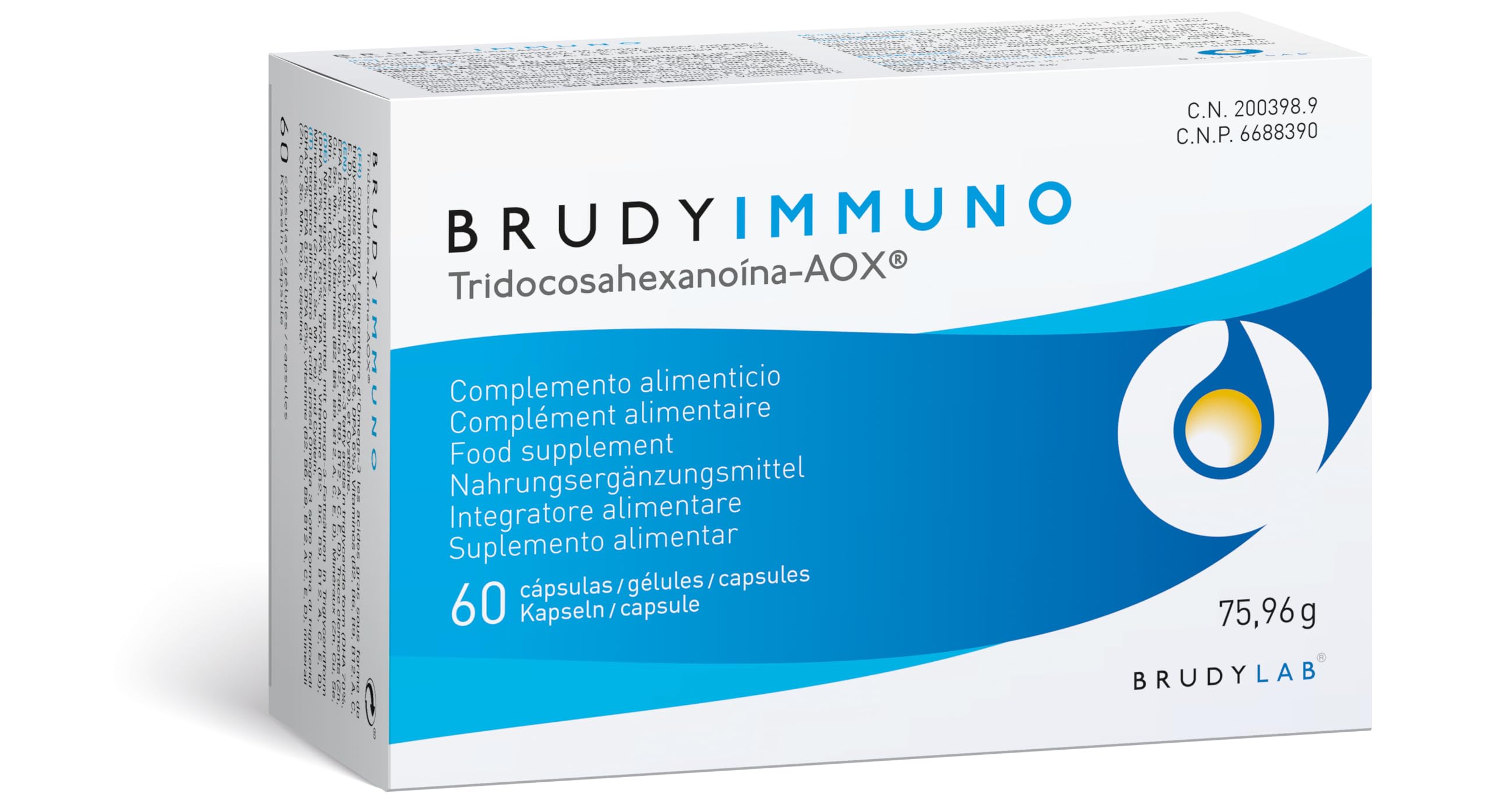 BRUDY IMMUNO, 60 cápsulas, complemento alimenticio | Ayuda al funcionamiento de defensas y sistema inmunológico | Con Tridocosahexanoína-AOX, ácidos grasos Omega3, vitaminas y minerales