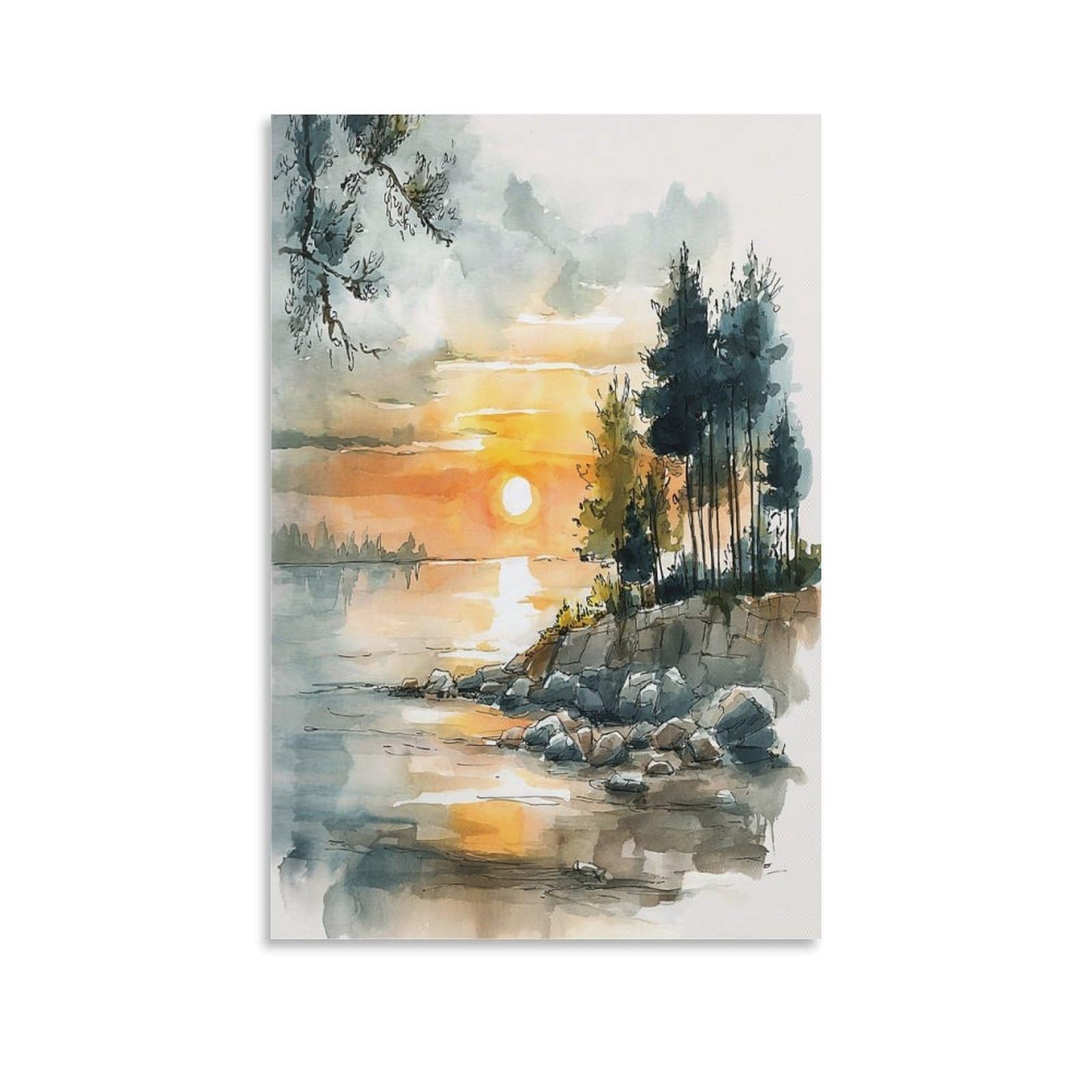 XWYMXZ Lake Erie Sunset Watercolor Painting Posters Tree 24x36inch(60x90cm) Vintage Watercolor Canvas Art
