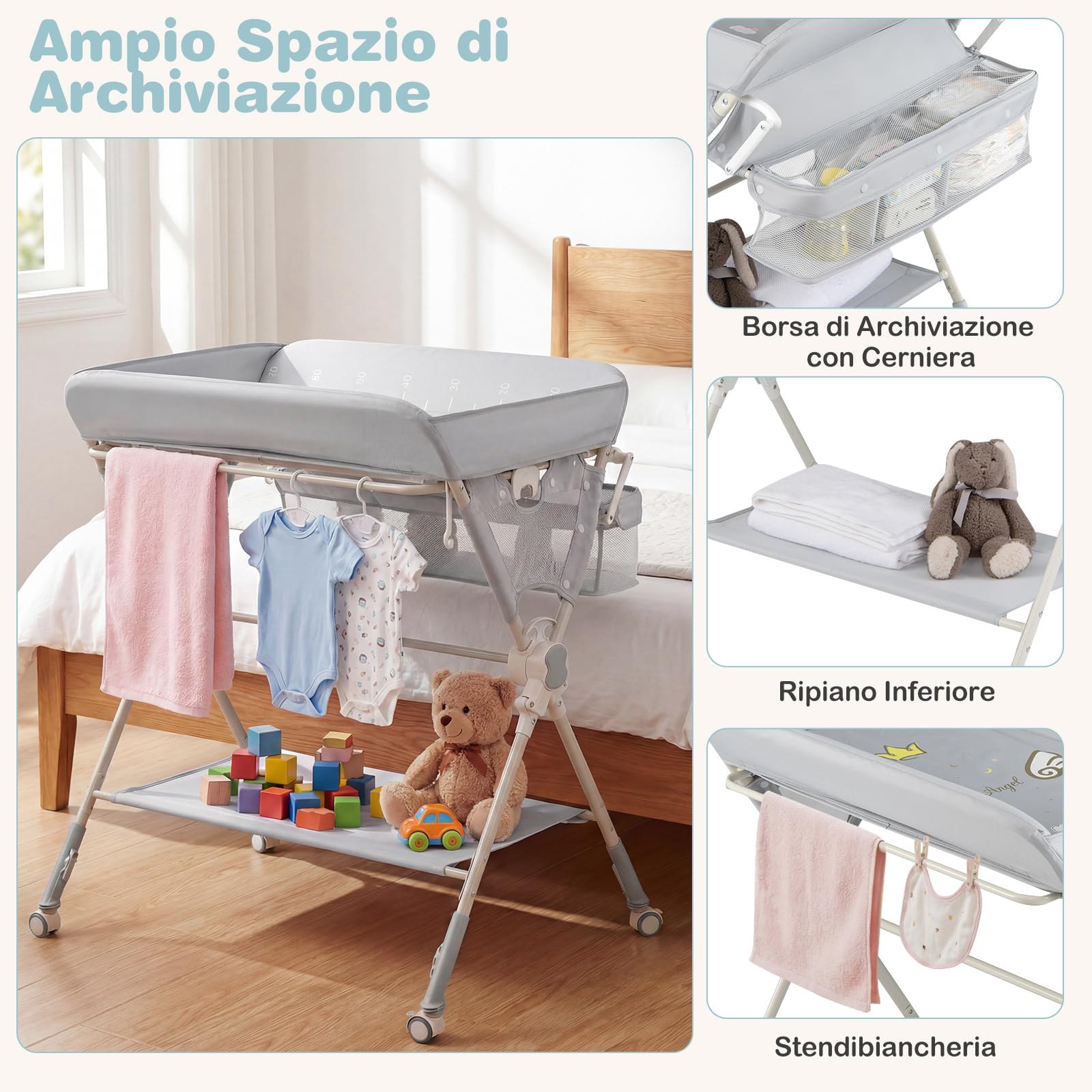 COSTWAY Fasciatoio Pieghevole per Bambini, Fasciatoio Portatile con Ruote, Altezza Regolabile, Piattaforma Rimovibile, con Barra Giocattoli, Stendino, Misuratore, Cestini, Portata 25 kg