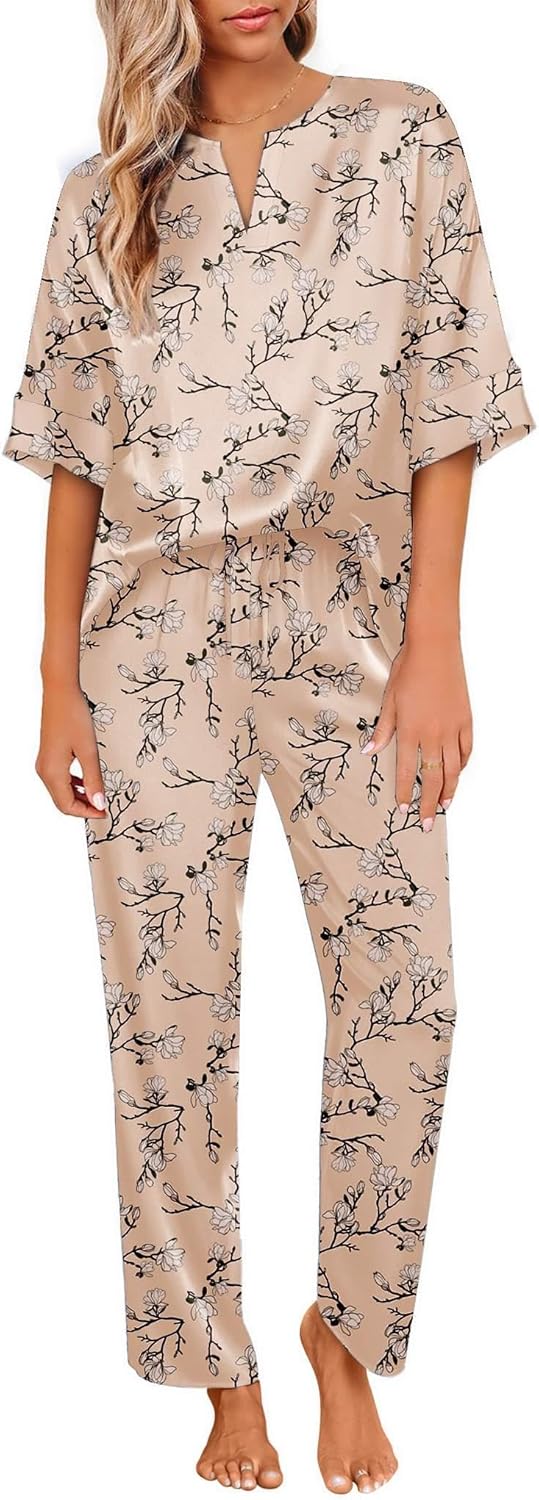 Ekouaer Satin Pajama Set Womens Silk Short Sleeve V Neck Shirt with Long Pant Soft Loungewear Pjs Set