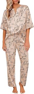 Satin Pajama Set Womens Silk Short Sleeve V Neck Shirt with Long Pant Soft Loungewear Pjs Set