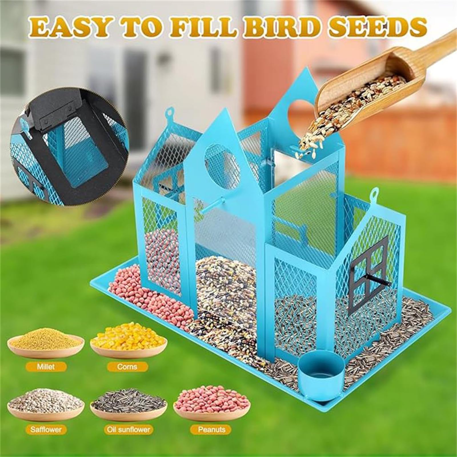 Comedero para pájaros de gran capacidad para exteriores con doble jaula de sebo con energía solar, comedero para pájaros silvestres para atraer varios pinzones de pájaros
