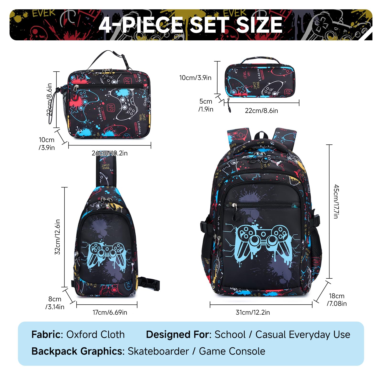 Amythe Zaino Ragazzi - Scuola Elementare e Media - Set Completo con Borsa Petto, Borza Pranzo & Astuccio – Zaino Adolescenti Grande Leggero Impermeabile per Scuola & Viaggi, Nero