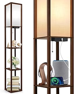 OUTON Floor Lamp with Shelves, LED Column Modern Floor Lamp with USB & Type C Port, 3 Color Temperature, Wooden Standing Lamp with White Linen Shade for Living Room, Bedroom, Office (Walnut Brown)