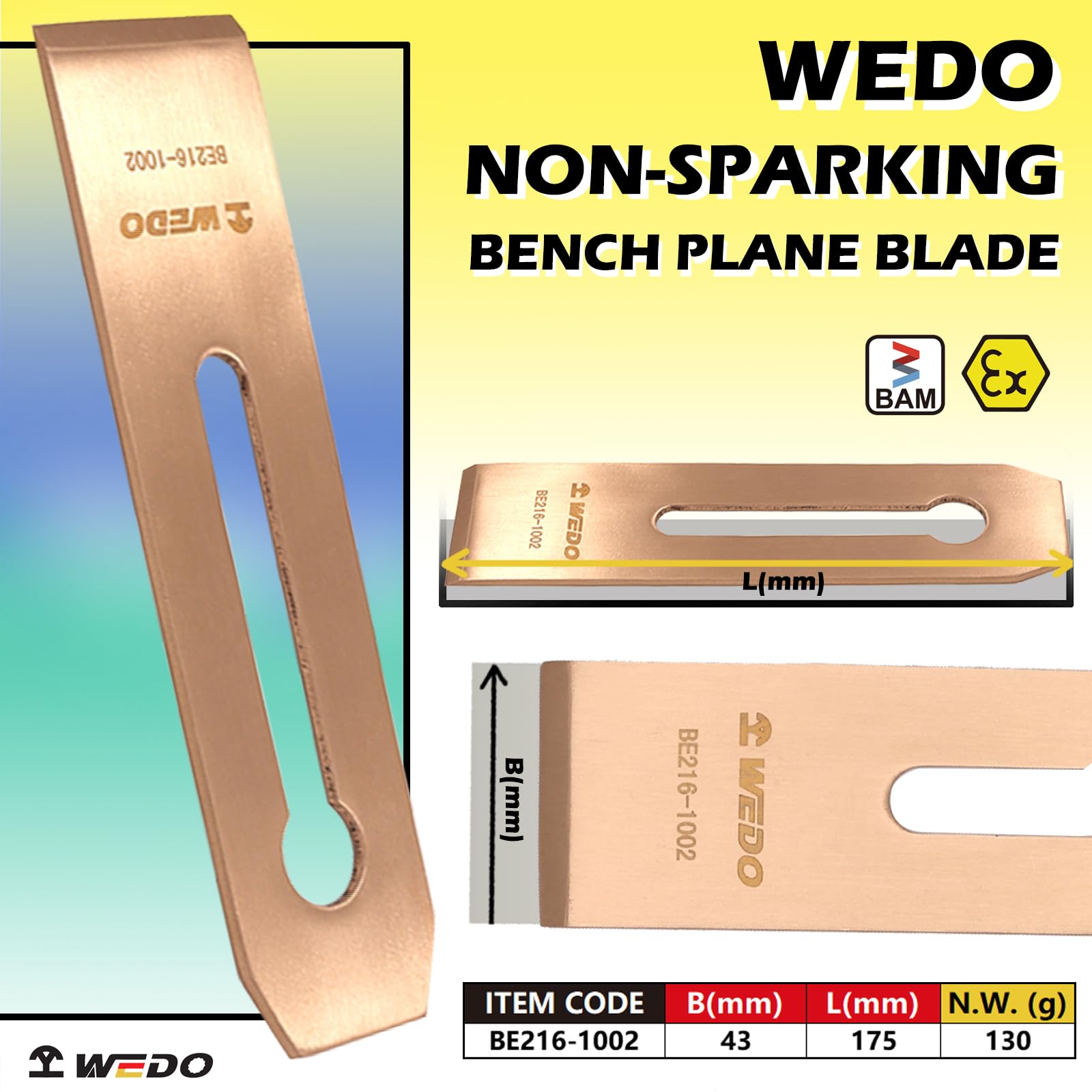 WEDO - Juego de 2 hojas de repuesto para banco, 175 x 43 mm, hoja de cepilladora de mano de madera sin chispa, cobre de berilio, no magnético, certificado BAM/FM, uso para petroquímica, producción de