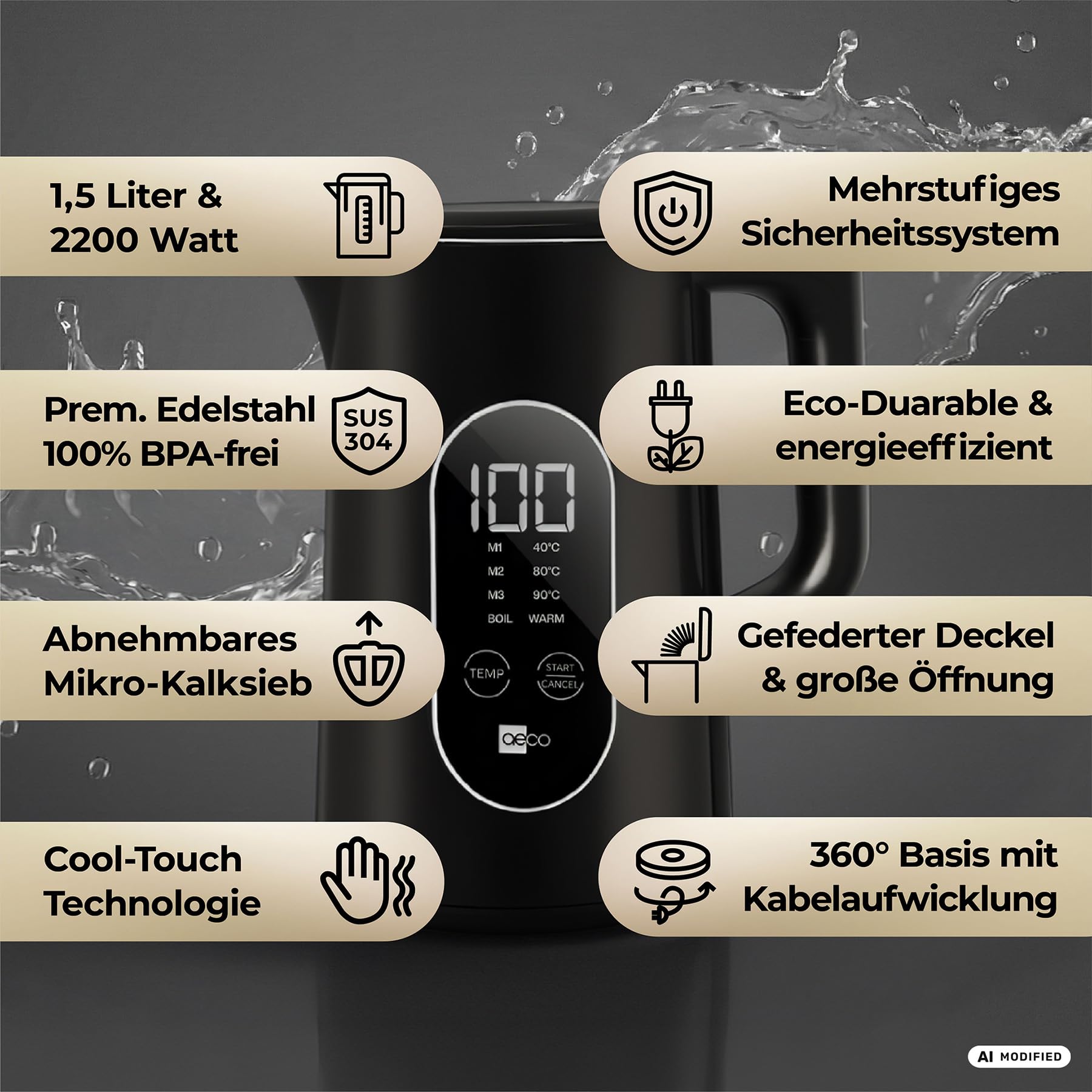aeco AQA ELITE elektrischer Wasserkocher Edelstahl schwarz-matt mit Temperatureinstellung Tee-Kocher Teebereiter electric kettle tea-maker | 1,5 Liter, 2200 Watt, BPA-frei, Kalk-Filter, Cool-Touch