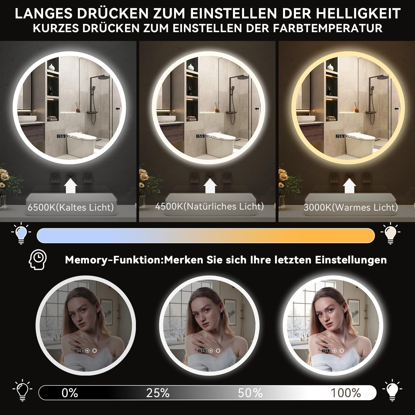 YU YUSING Badspiegel LED Rund Badezimmerspiegel mit Beleuchtung 50x50cm | 3 Lichtfarbe Einstellbare, Wandspiegel mit Touch-Schalter Spiegel Badezimmer Anti-Beschlag Timer-funcktion IP44