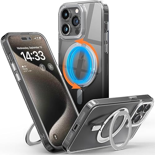 LOHASIC Funda transparente para iPhone 15 Pro Max, imán más fuerte compatible con Mag-Safe, anillo giratorio de soporte, parte trasera de