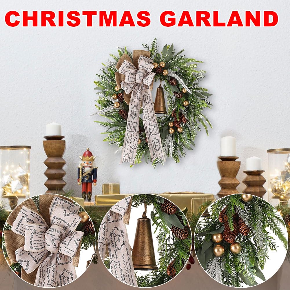 Starnearby Couronne de Noël Porte Artificielle avec Pommes de Pin et Poinsettia, Couronne de Noel Lumineuse LED, Guirlande de Noël, Couronne Noel Porte Lumineuse, Décoration de Noël (H-60 cm)