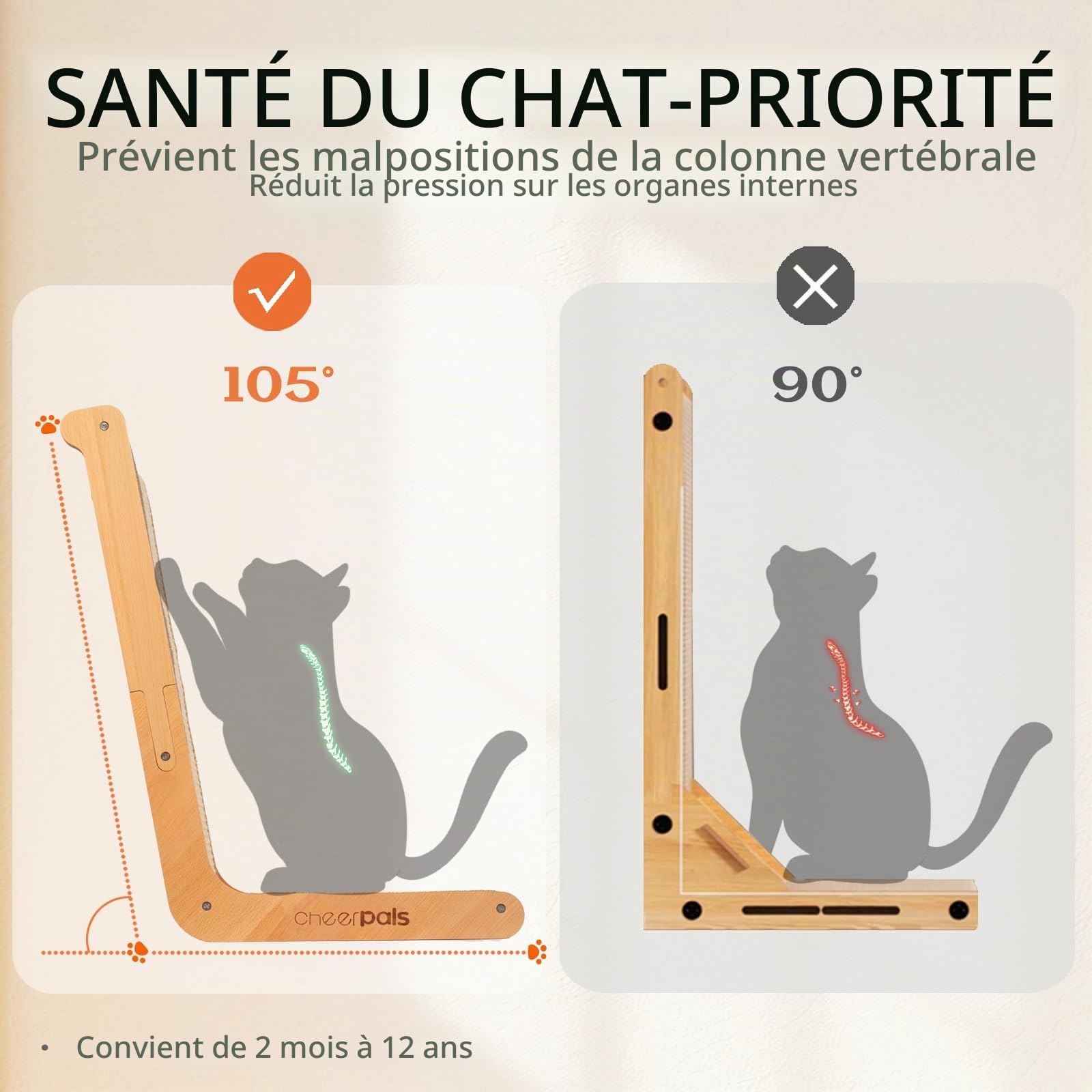 CheerPals Griffoir en forme de L pour chats en bois de hêtre massif - Design à 105°