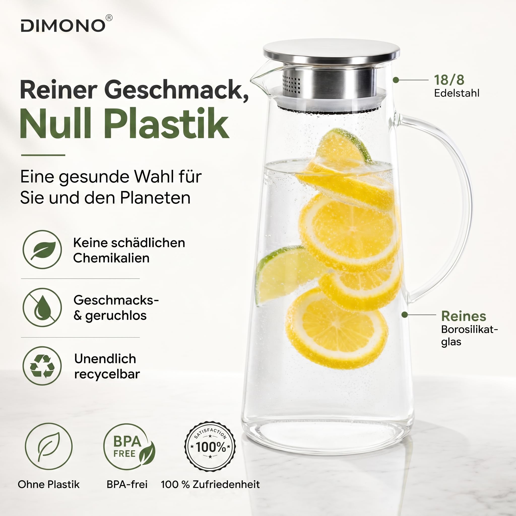 Wasserkrug Wasserkanne Krug 1,5 Liter, Glaskrug mit Filter und Deckel aus Edelstahl Getränkekaraffe für heißes u. kaltes Wasser Eistee Kaffee Milch Saft Glaskaraffe mit Griff