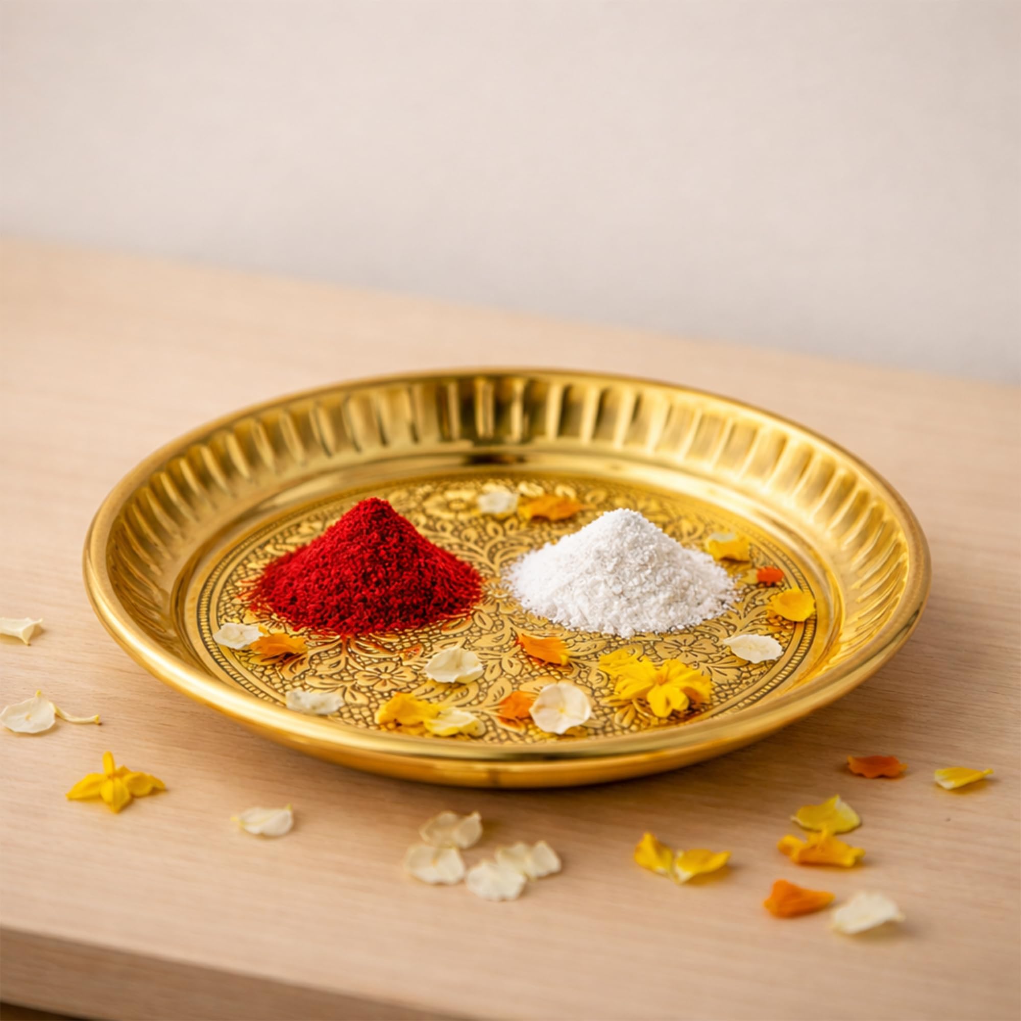 Putrika Traditional Handcrafted Brass Puja | Pooja Thali | Arati Bartan Thambulam| Engraved Designed - Designer Halwa Plate (13cm, 6) 4