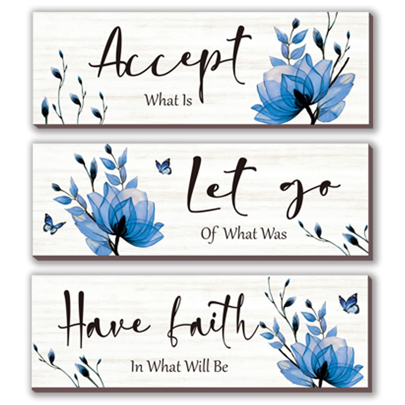 3 Pcs Blue Bathroom Decor Rustic Flower Wall Art Accept Let Go Have Faith Farmhouse Bedroom Wall Decor Wooden Inspirational Quotes Decorations for