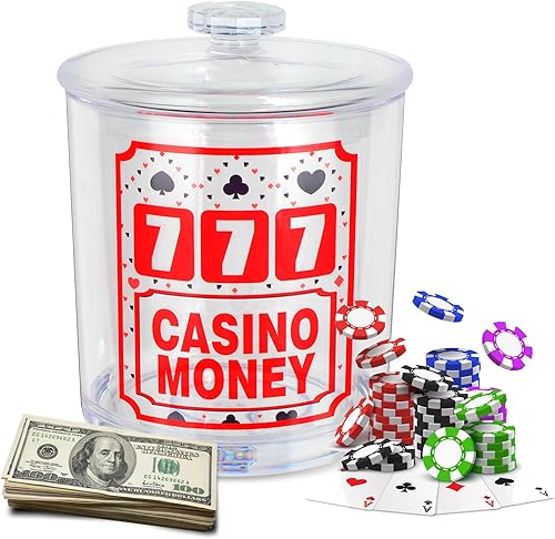 Tarro de dinero de casino, ranuras para regalo, decoración de fiesta temática de 4.7 x 4.7 x 6.3 pulgadas, alcancías acrílicas con una calcomanía,