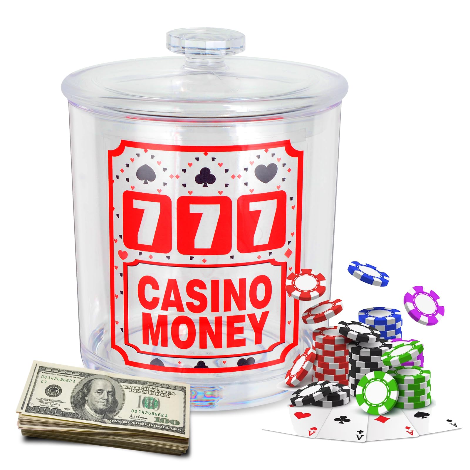 Casino Money Jar Gambling Gifts Slots Theme Party Decorations 4.7 * 4.7 * 6.3 inch Acrylic Piggy Banks with a Sticker Casino Coin Party Supplies for a