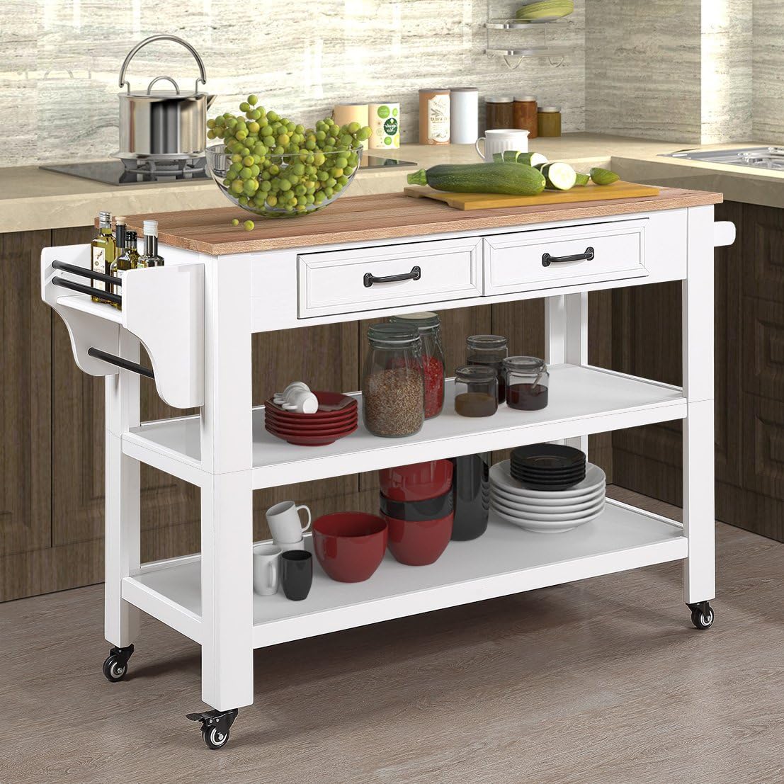 FULife Oak Solid Wood Top Kitchen Cart, 57" Rolling Reversible Island with Drop Leaf and Wheels, with Wine, Spice and Towel Rack and Large 2 Drawers, Milk White + Natural Top